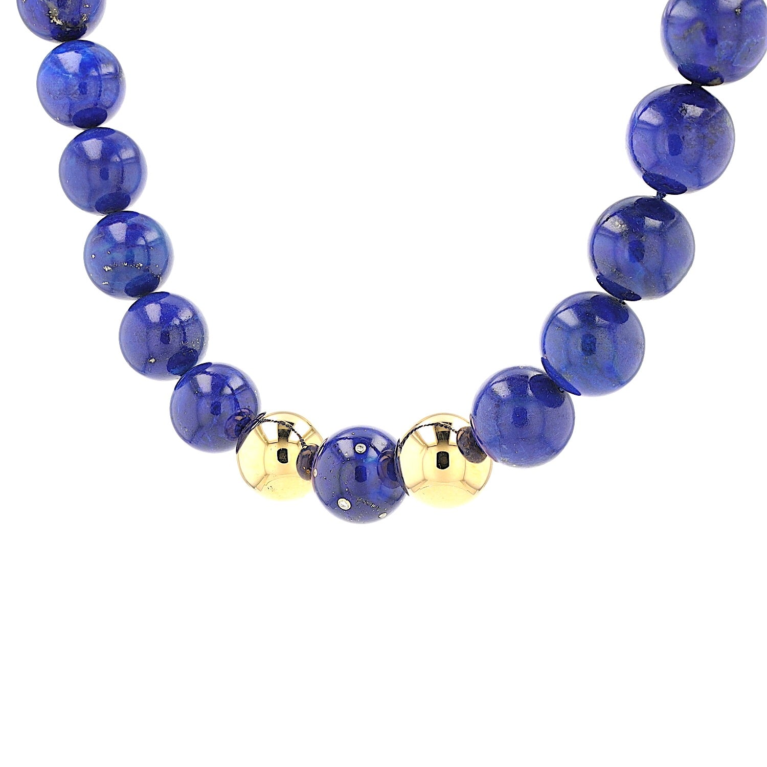 Kette mit großen Lapis lazuli Kugeln, Brillanten und 750er Gold, hängend links gedreht