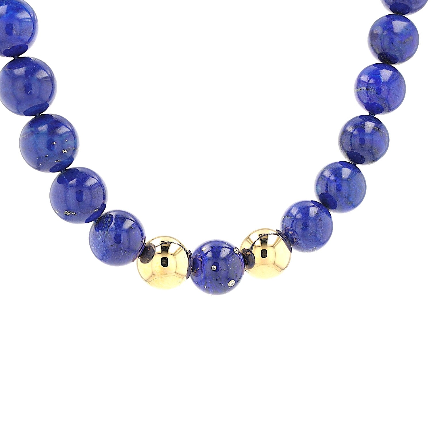 Kette mit großen Lapis lazuli Kugeln, Brillanten und 750er Gold, hängend rechts gedreht