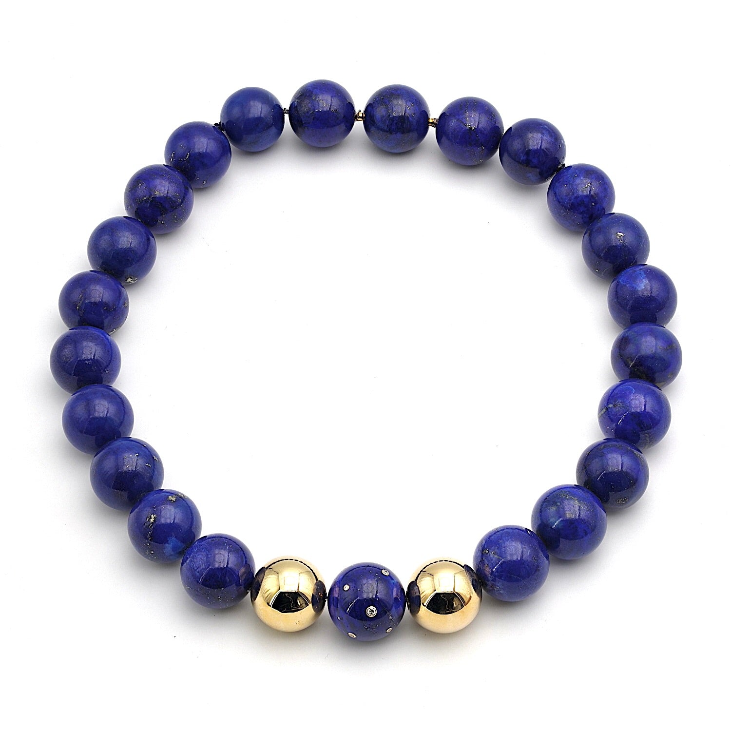 Kette mit großen Lapis lazuli Kugeln, Brillanten und 750er Gold, liegend Draufsicht