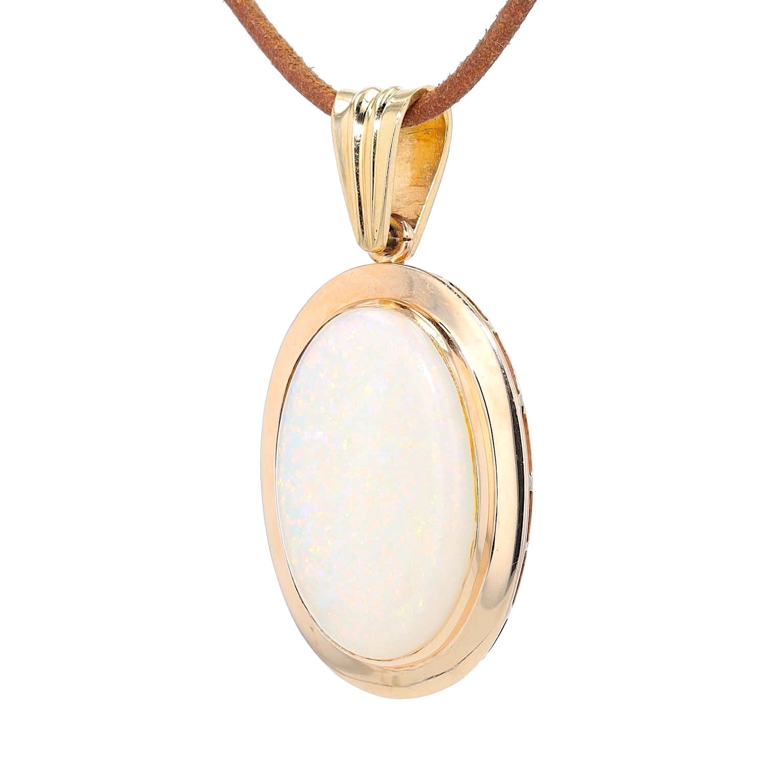 Vintage pendant in 585 yellow gold with a white precious opal, hanging, turned to the left