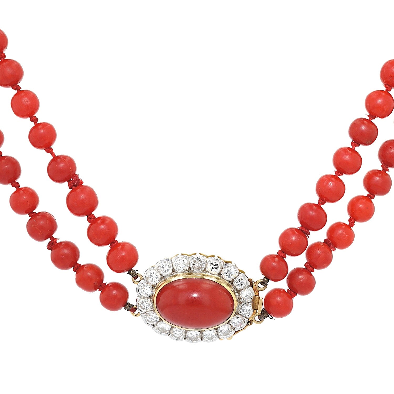 Vintage Collier mit Edelkorallen und einem Schloss aus 750er Gelbgold mit insgesamt ca. 1,8 ct Brillanten, hängend frontal