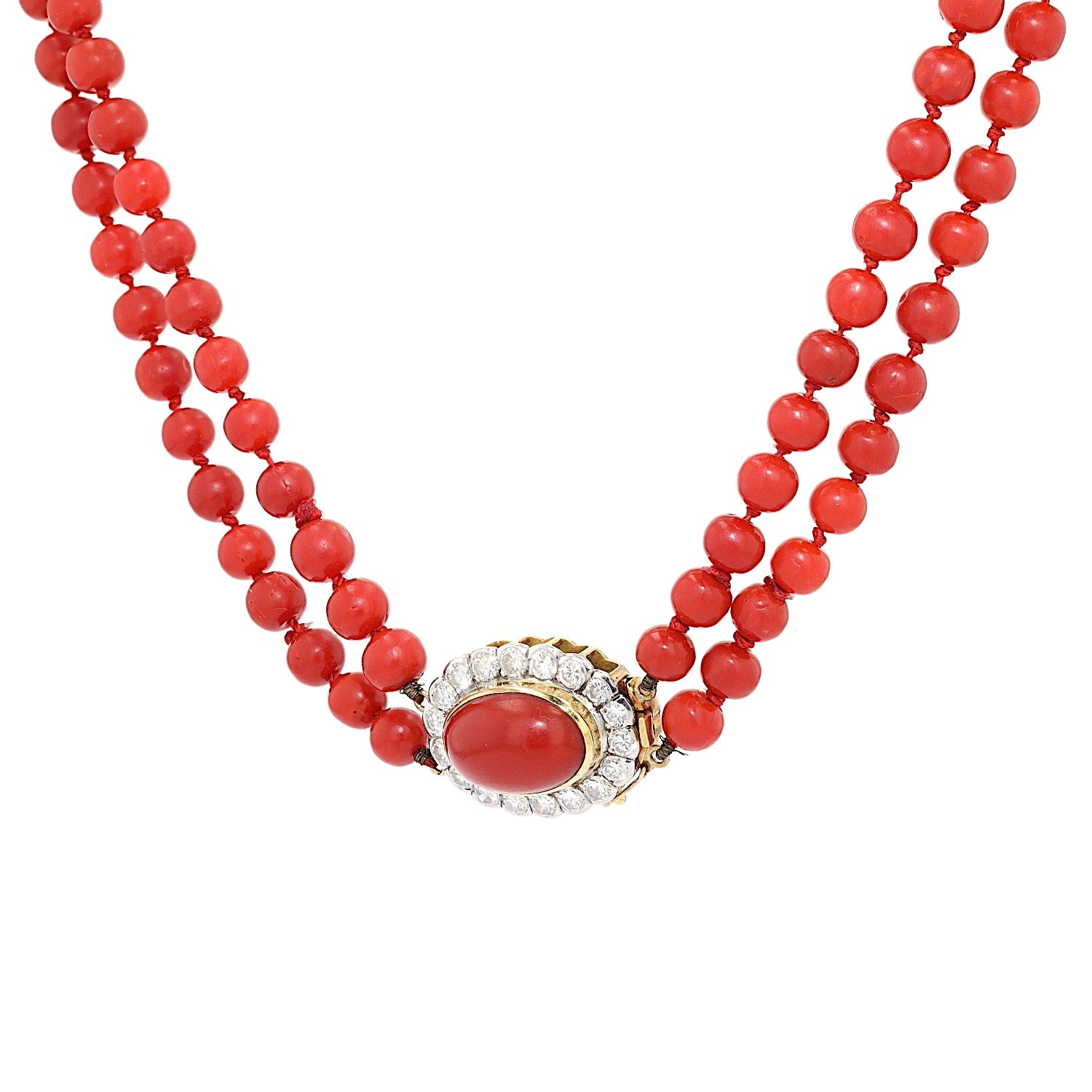 Vintage Collier mit Edelkorallen und einem Schloss aus 750er Gelbgold mit insgesamt ca. 1,8 ct Brillanten, hängend links gedreht