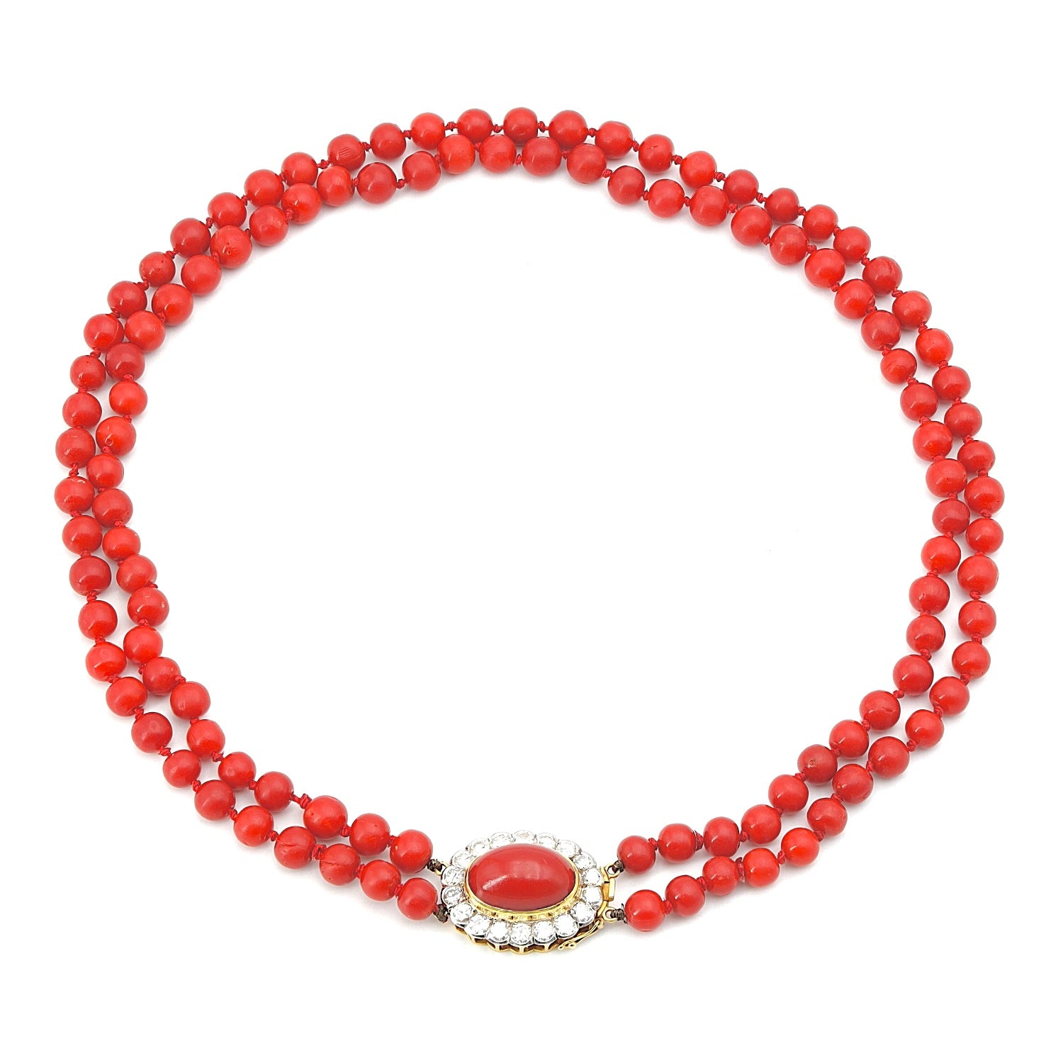 Vintage Collier mit Edelkorallen und einem Schloss aus 750er Gelbgold mit insgesamt ca. 1,8 ct Brillanten, liegend Draufsicht