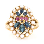 Franklin Mint ring in 585 yellow gold with seed pearls, sapphires, rubies and brilliants