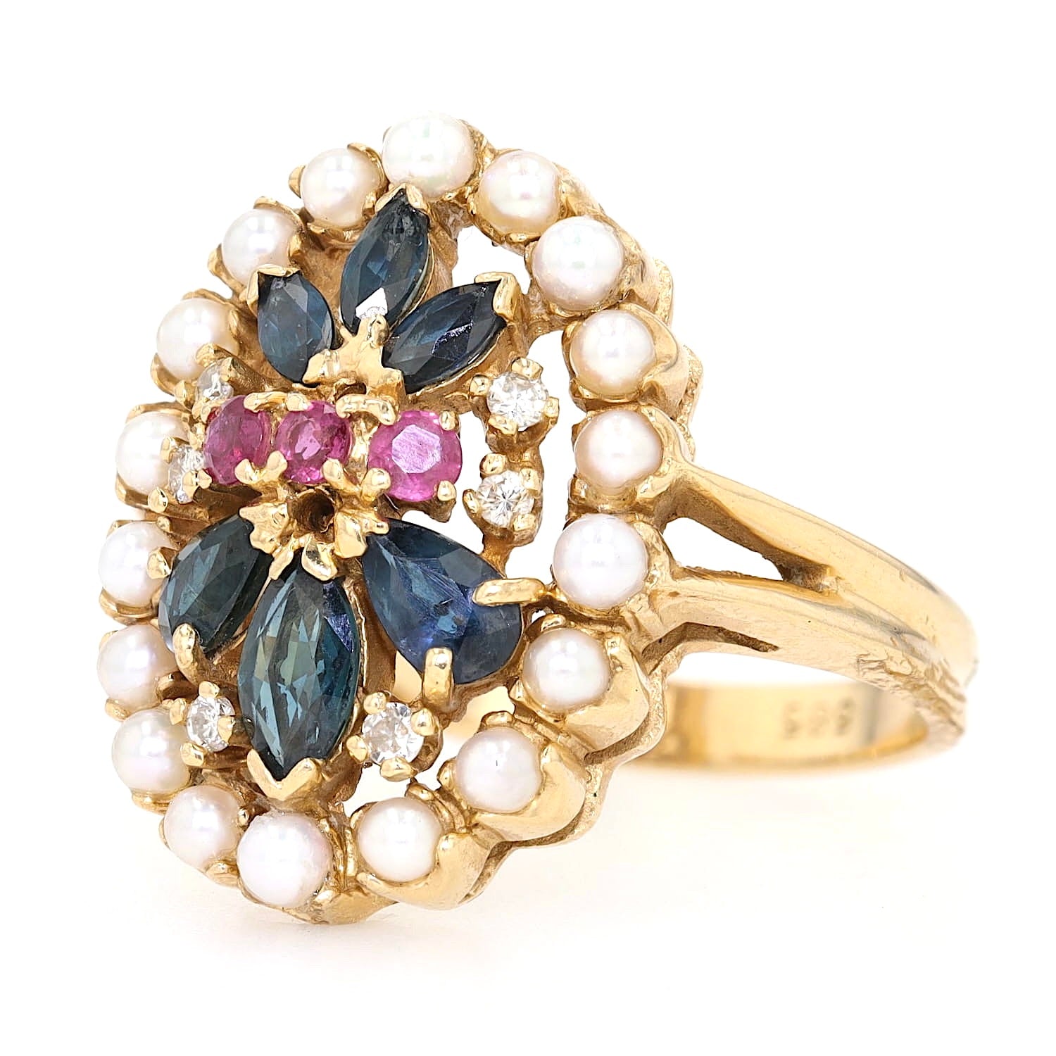 Franklin Mint ring in 585 yellow gold with seed pearls, sapphires, rubies and brilliants