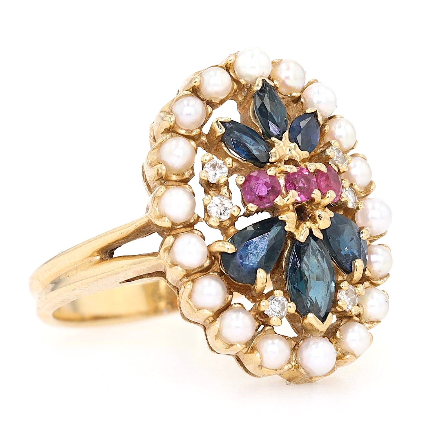 Franklin Mint ring in 585 yellow gold with seed pearls, sapphires, rubies and brilliants