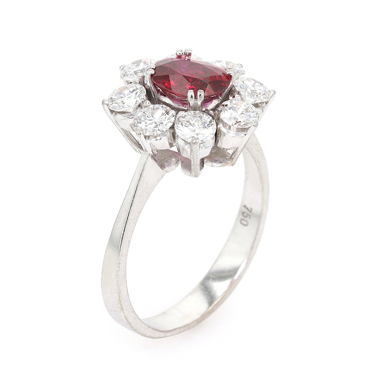 Entourage ring in 750 white gold with a Ruby approx. 0.95 ct and brilliants with a total of approx. 1.1 ct