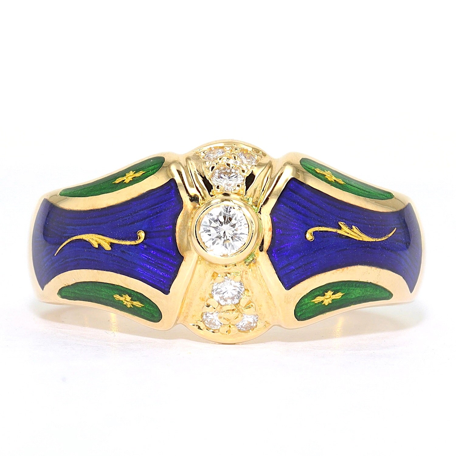 Fabergé ring, limited edition, in 750 gold with brilliants and green and blue enamel