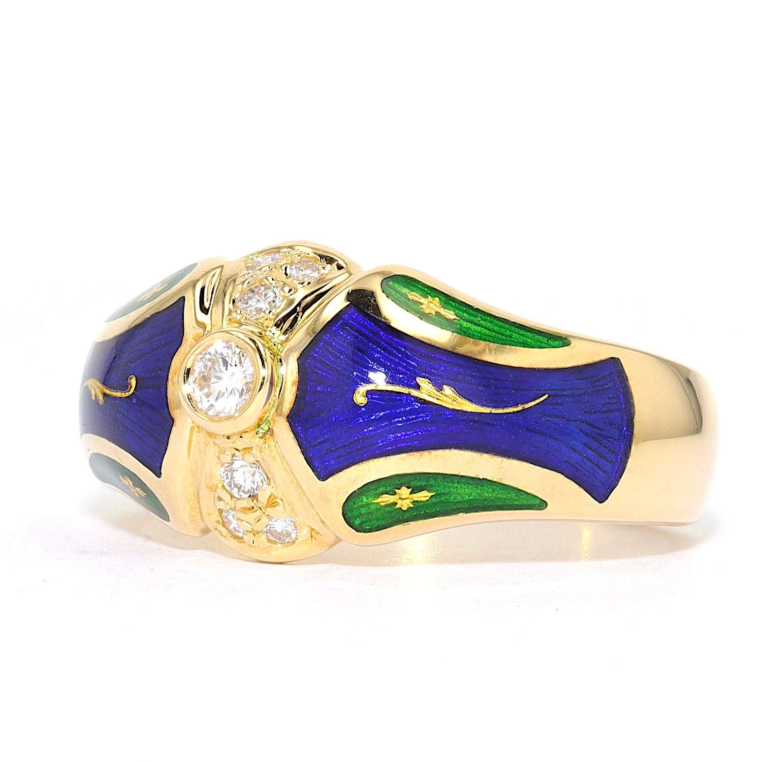 Fabergé Ring, limitiert, in 750er Gold mit Brillanten und grüner und blauer Emaille