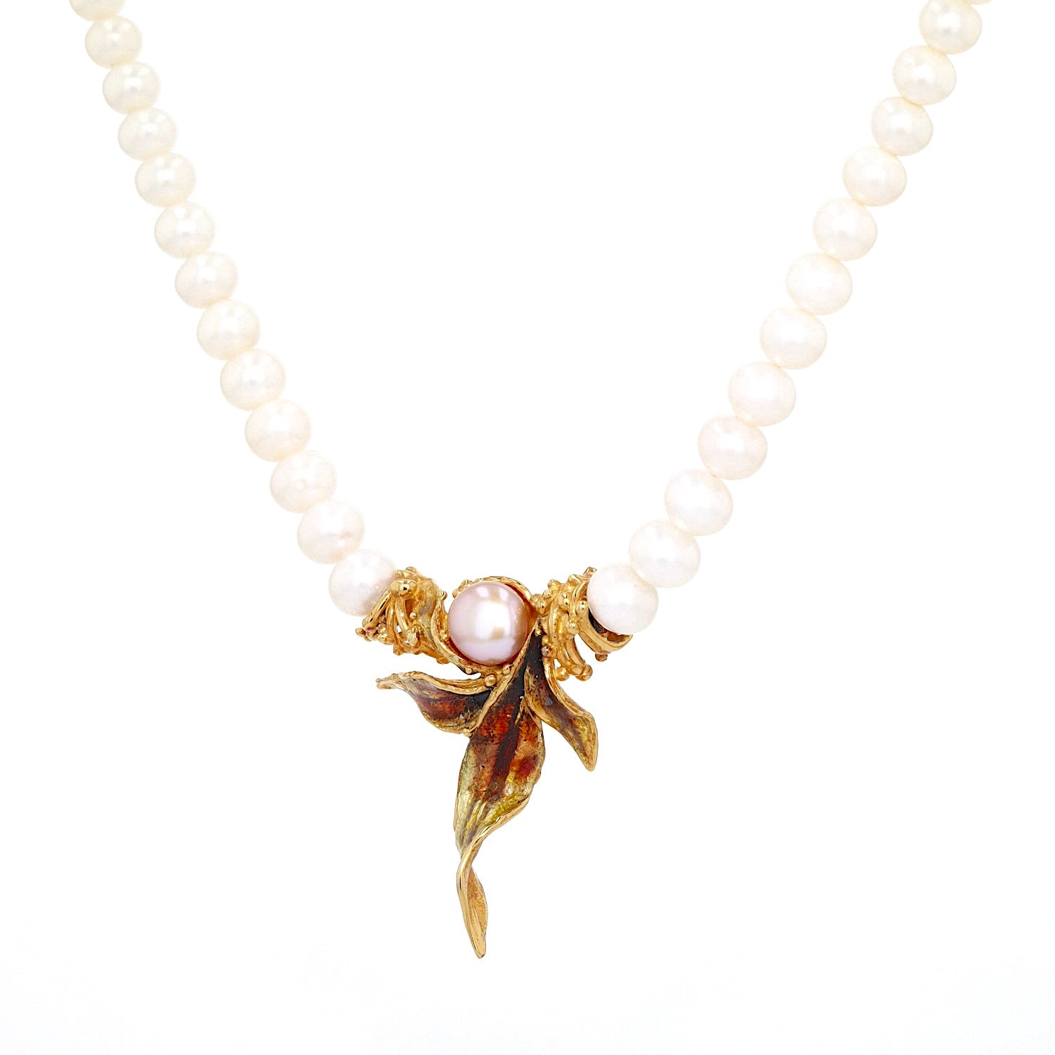 Ehinger black cultured pearl necklace with 750 gold and enamel