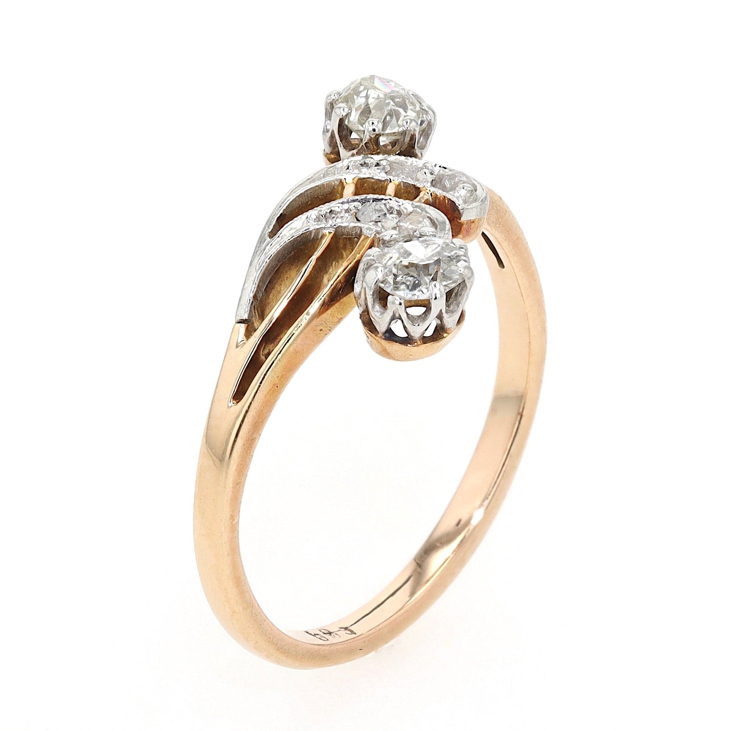 Toi-et-moi ring from around 1900 with diamonds in 585 yellow gold, platinum-plated