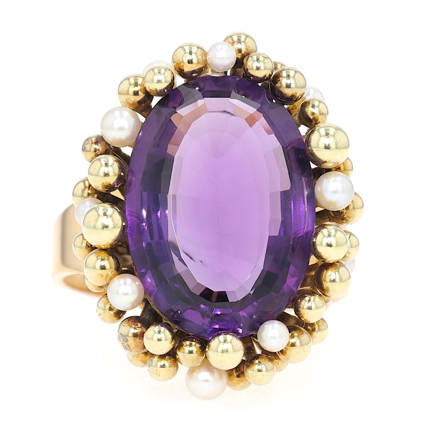 Vintage ring in 585 yellow gold with an amethyst and small cultured pearls