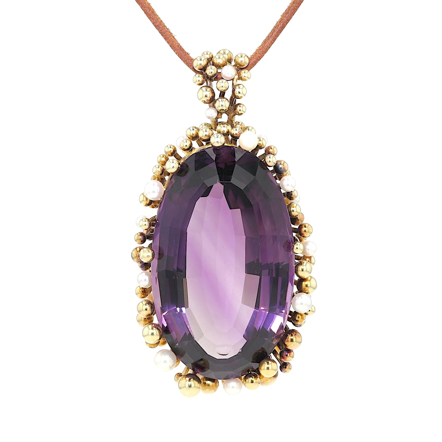 Large vintage pendant in 585 yellow gold with an amethyst approx. 82 ct and cultured pearls