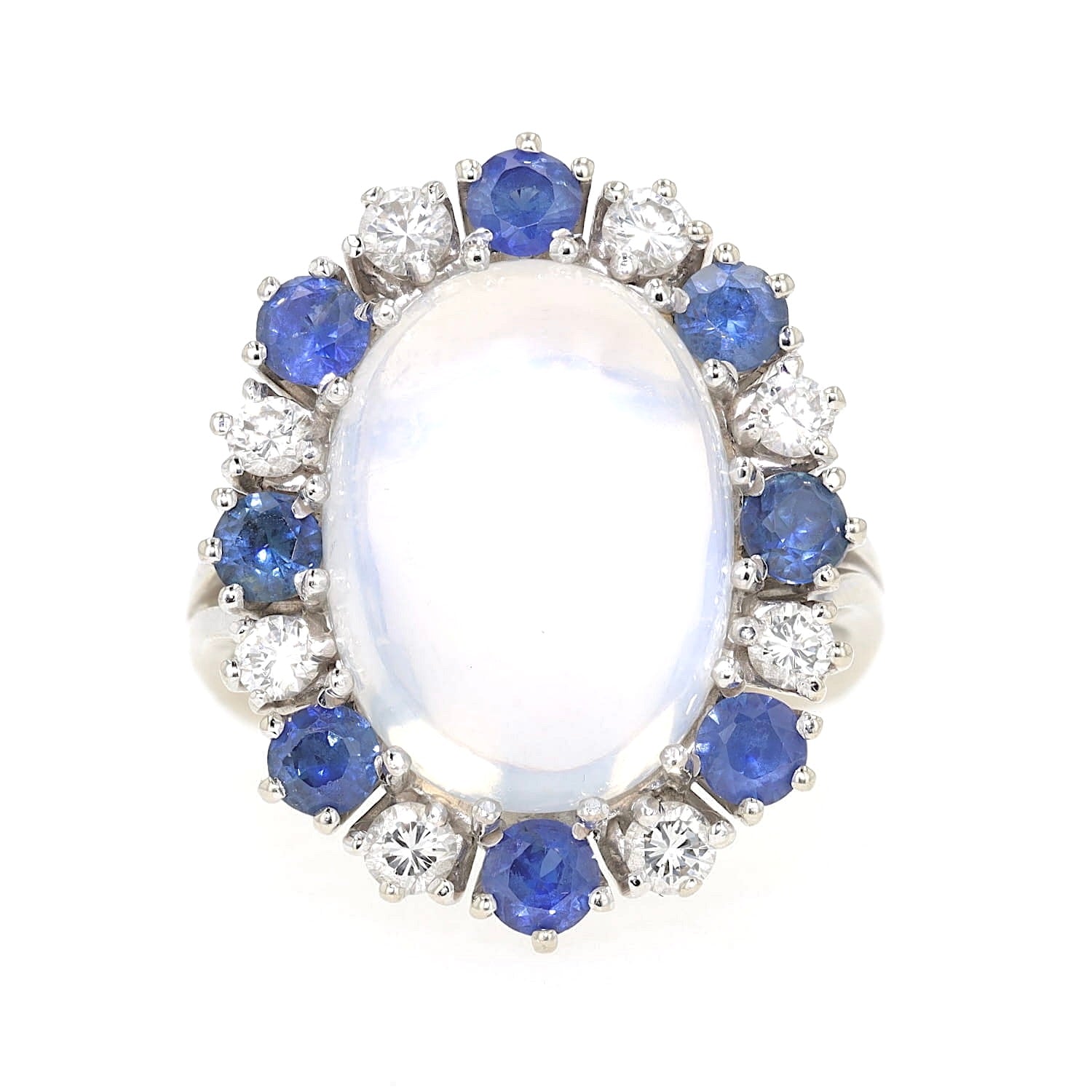 Vintage ring in 750 white gold with a moonstone, brilliants and sapphires