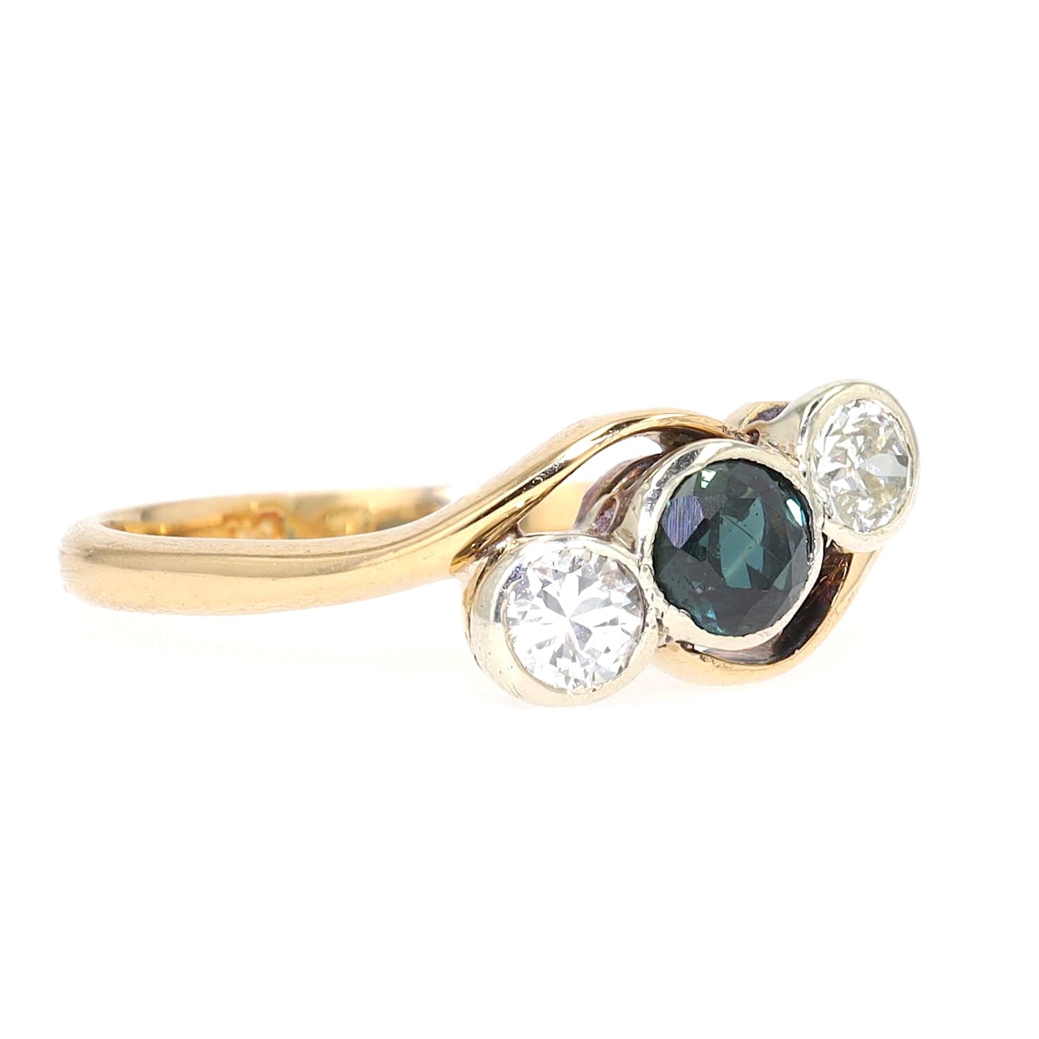 Engagement ring in 750 yellow gold with one sapphire, brilliant and diamond each