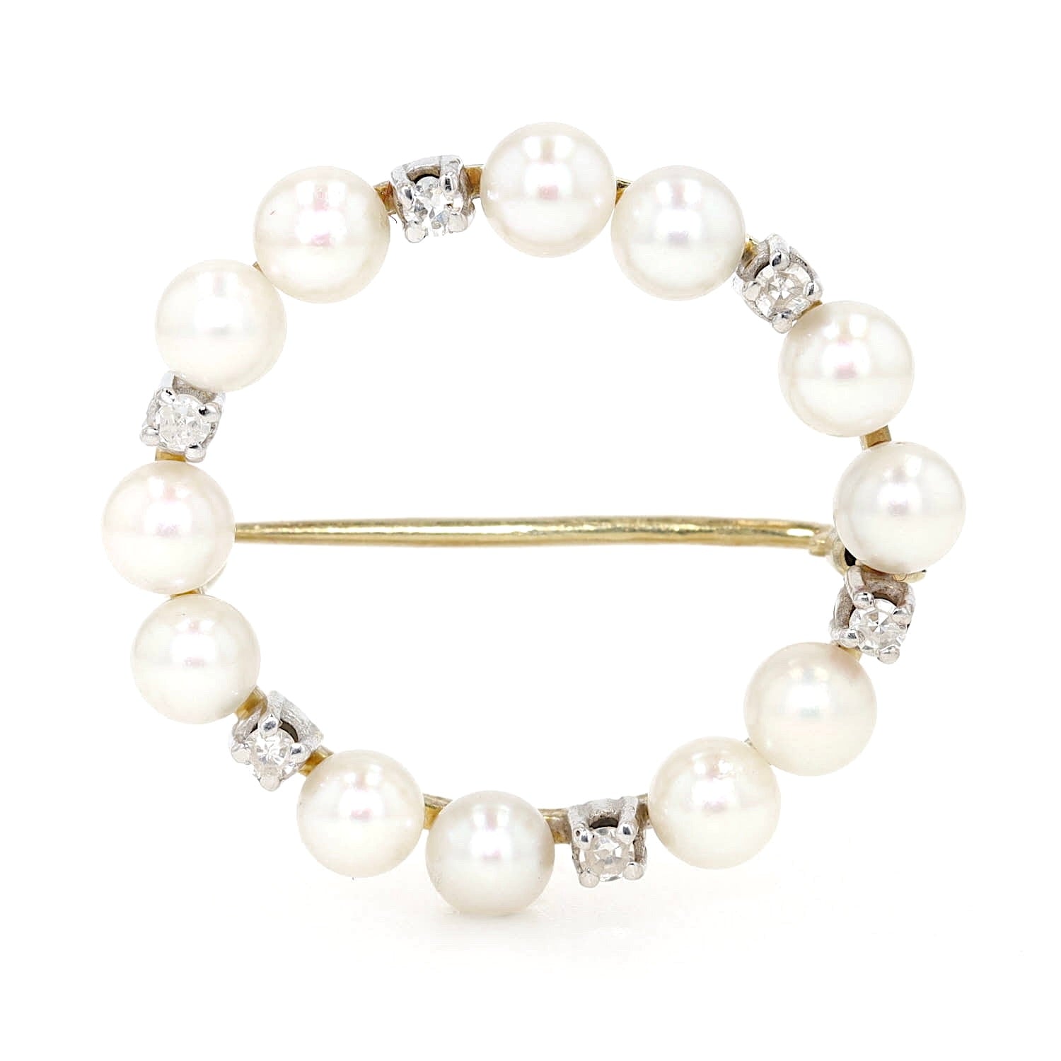 Brooch in 585 yellow gold with cultured pearls and diamonds