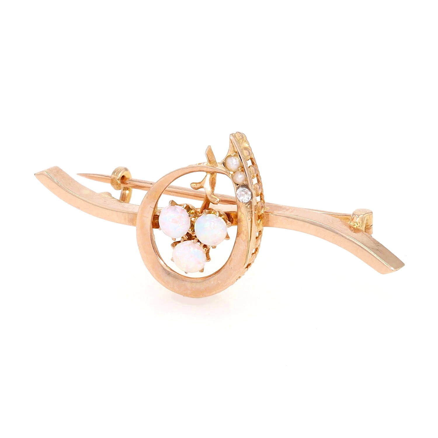 Art Nouveau brooch in 585 rose gold with opals, seed pearls and 1 cubic zirconia