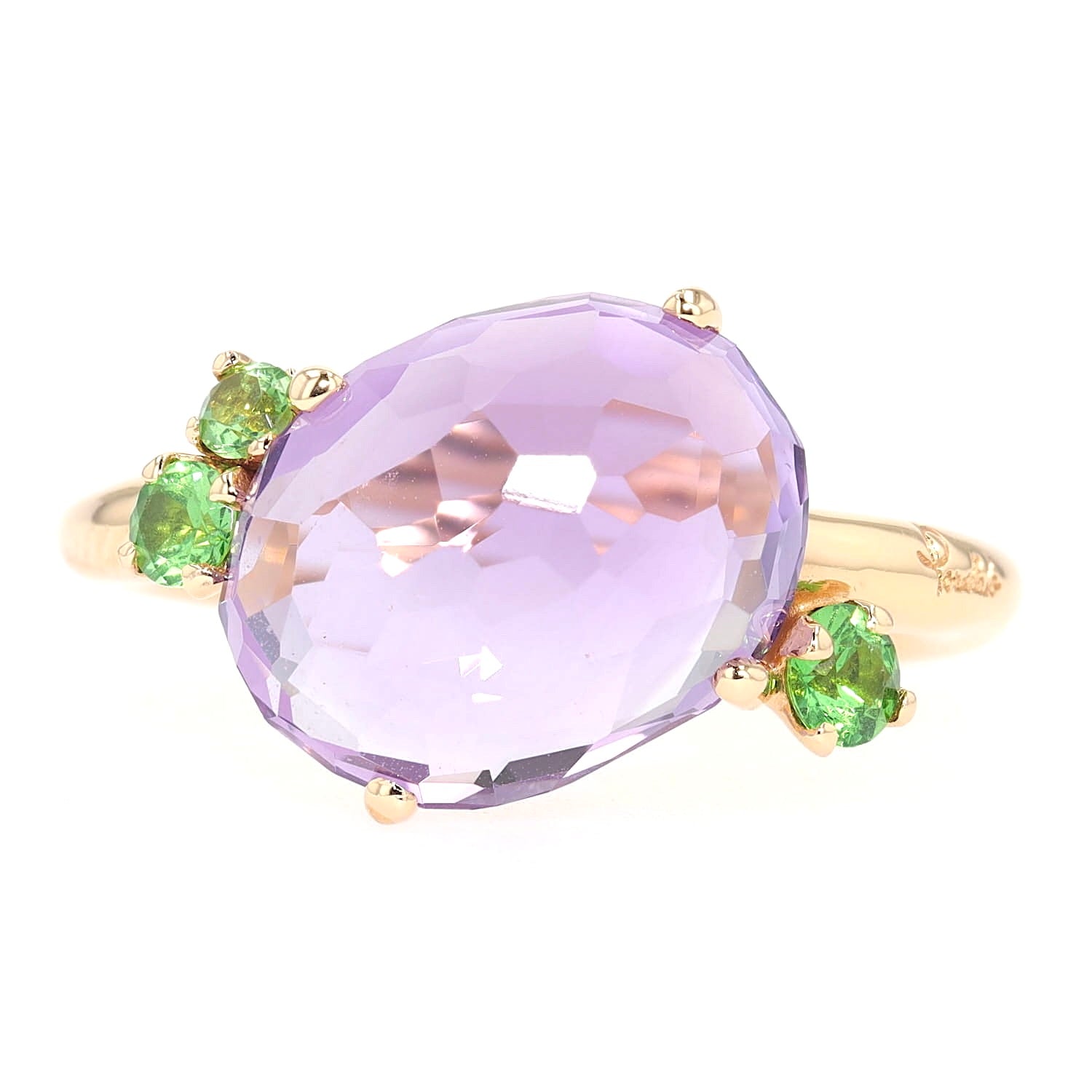 Pomellato Ring in 750er Roségold mit einem Amethyst und Tsavorithen, liegend frontal