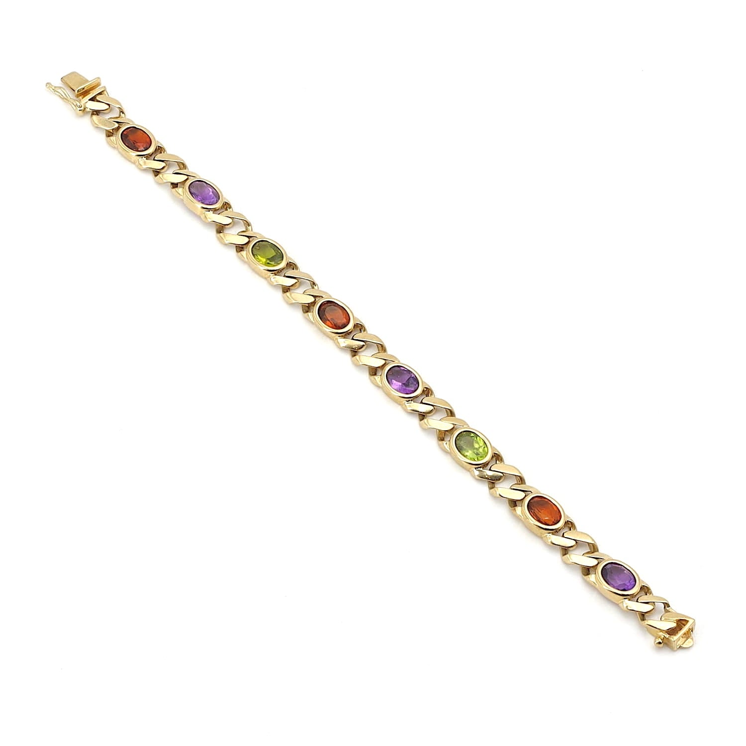 Vintage bracelet in 585 yellow gold with amethyst, citrine and peridot, horizontal long top view