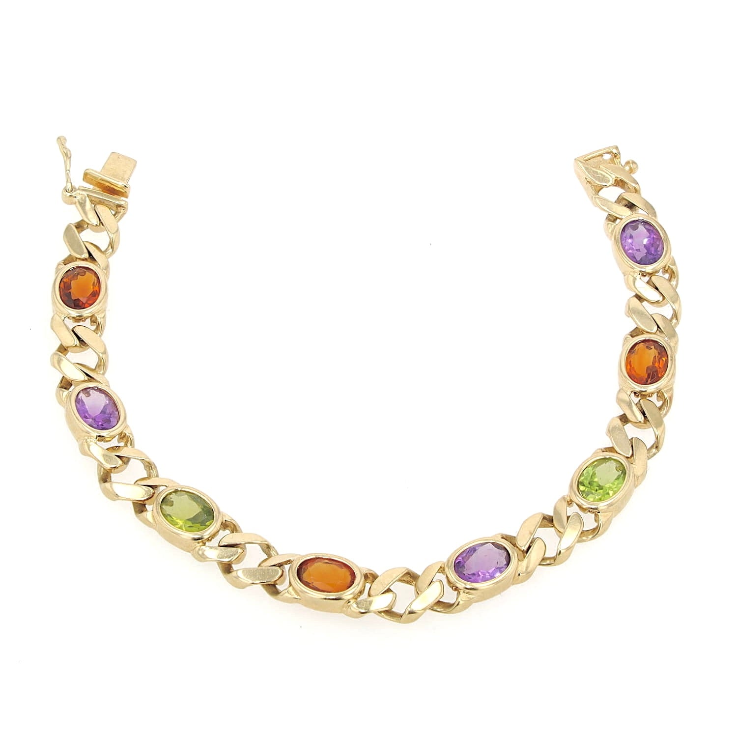 Vintage bracelet in 585 yellow gold with amethyst, citrine and peridot, lying in a semicircle top view