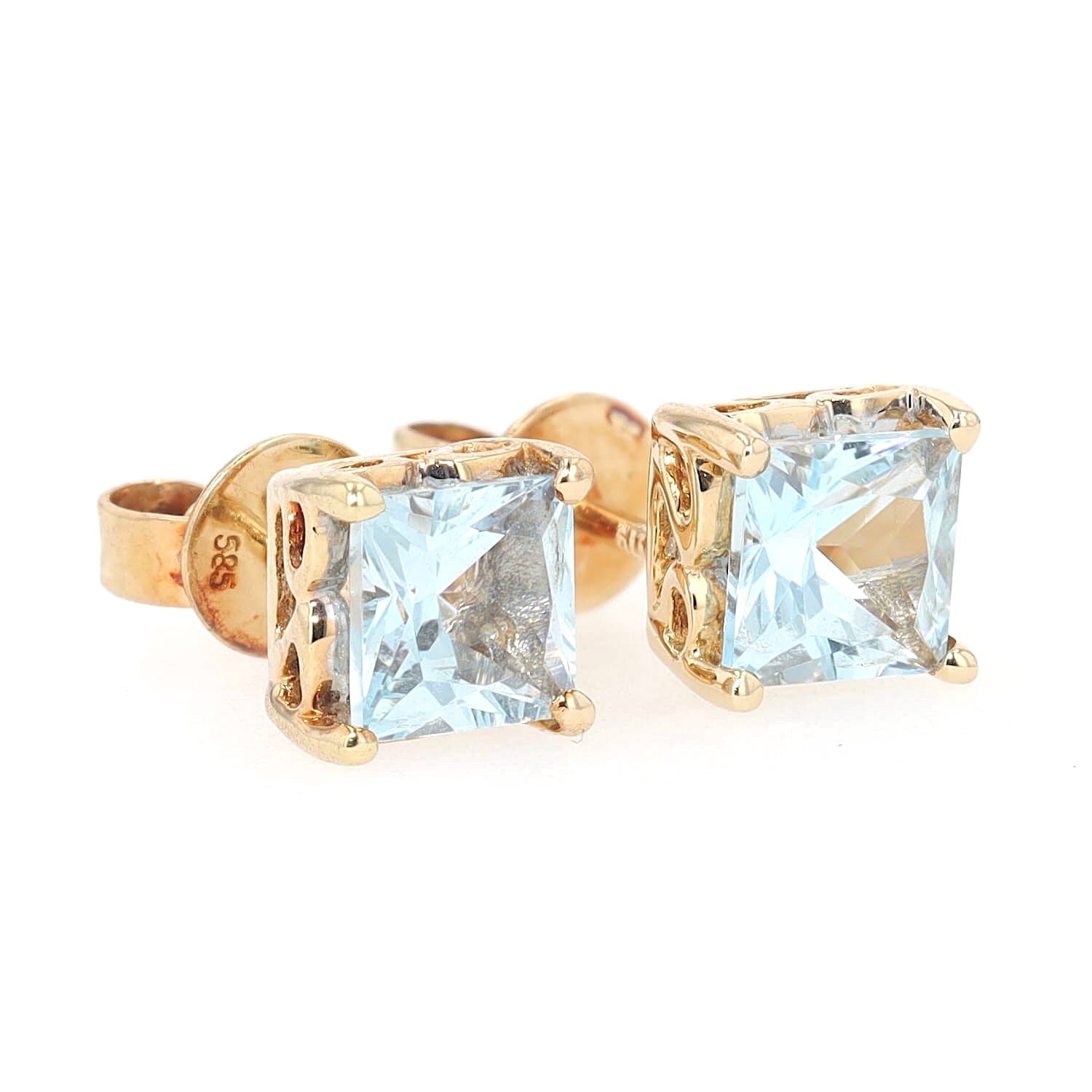 Pair of stud earrings in 585 yellow gold, each with a blue topaz