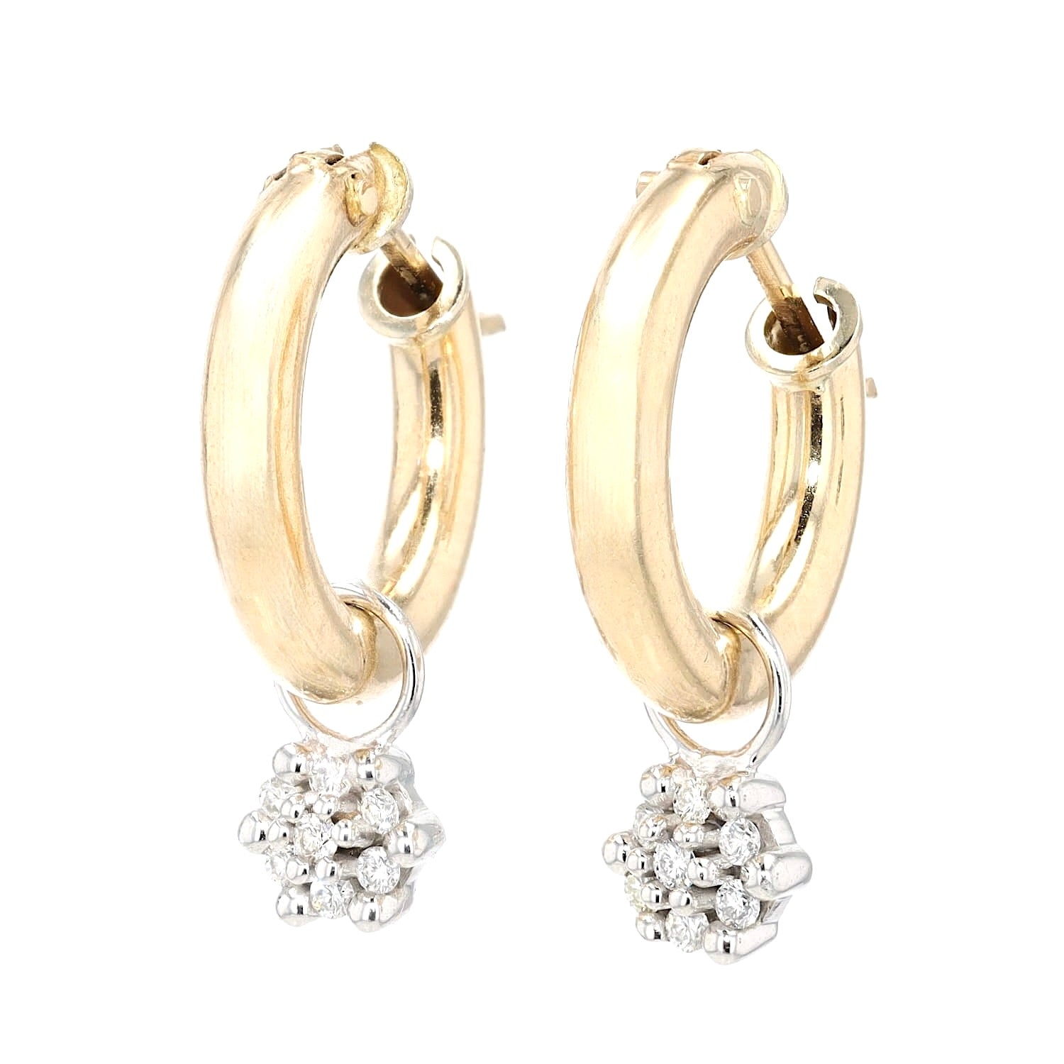 Hoop earrings in 585 white and yellow gold with brilliants, hanging twisted to the left