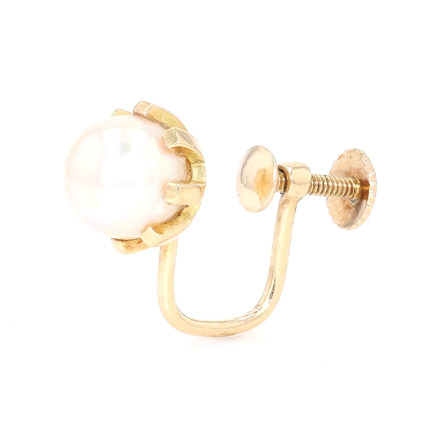 Vintage earrings with ear screws in 585 yellow gold, each with one cultured pearl, individually twisted to the left in a standing position