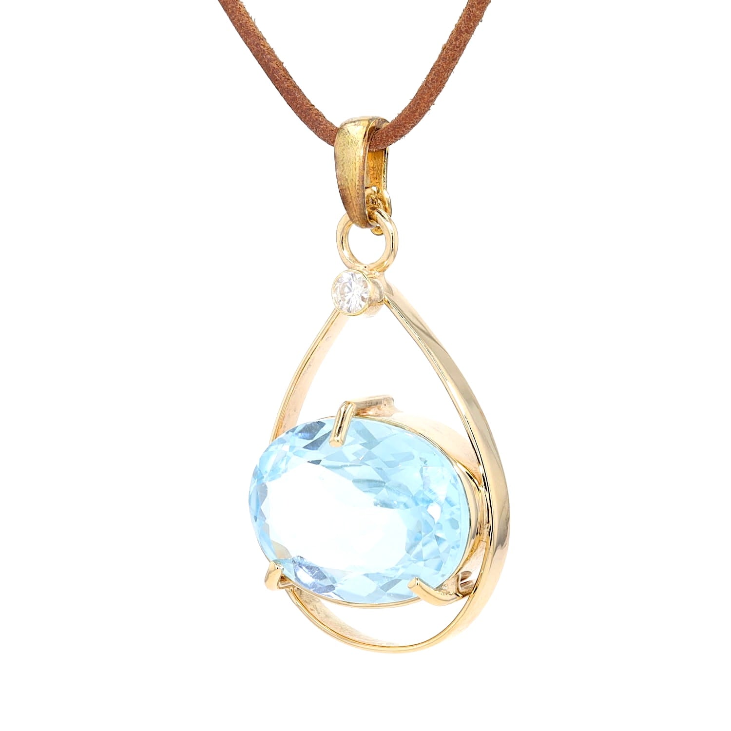 Pendant in 585 yellow gold with a blue topaz and a synth. moissanite, hanging, twisted left