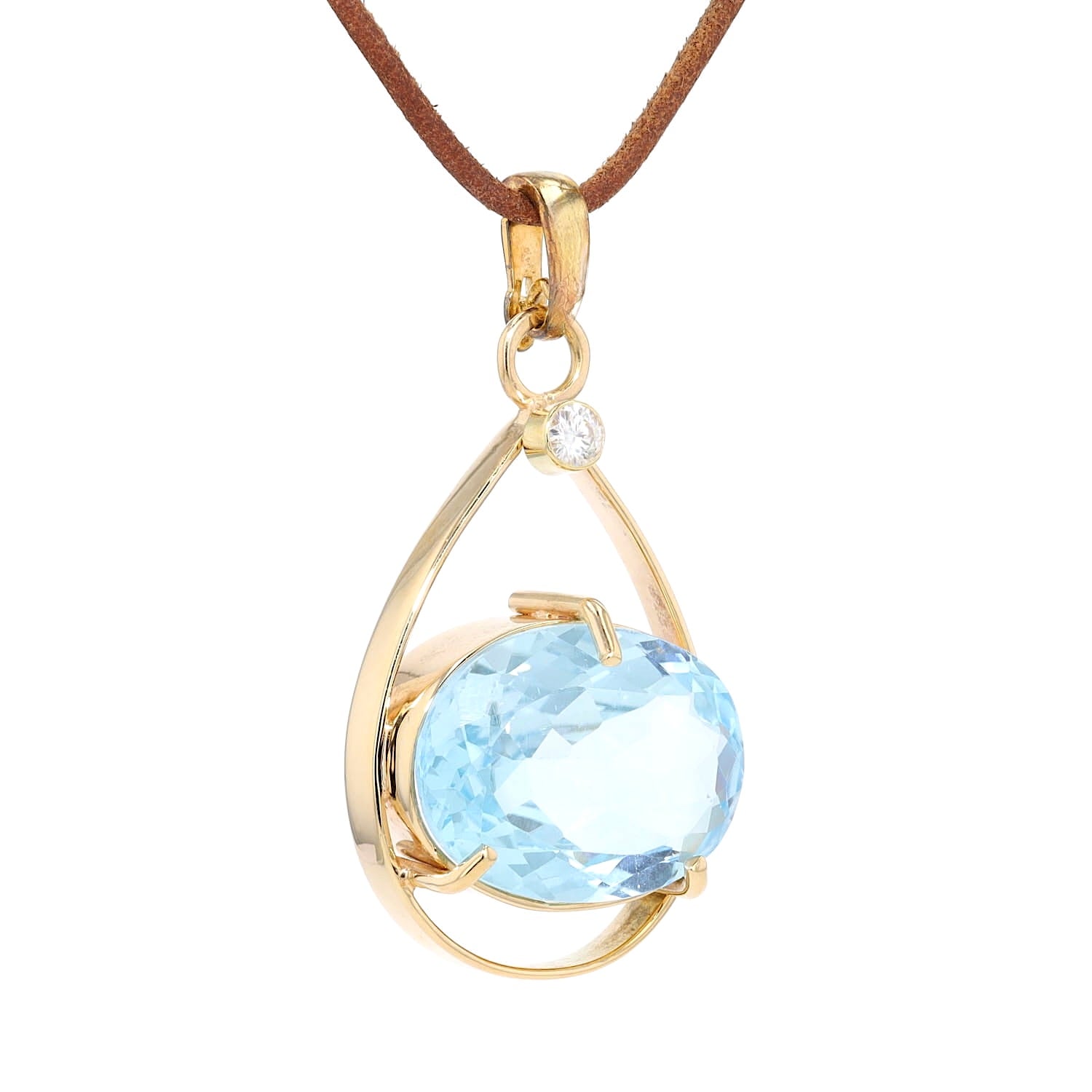 Pendant in 585 yellow gold with a blue topaz and a synth. moissanite, hanging, turned to the right