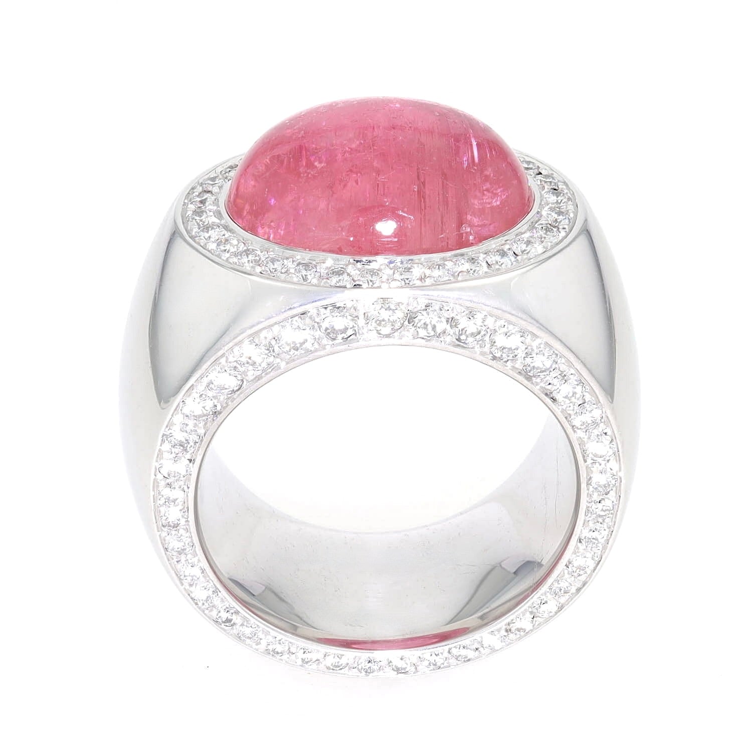 Statement ring made from 750 white gold with a pink tourmaline cabochon and brilliants