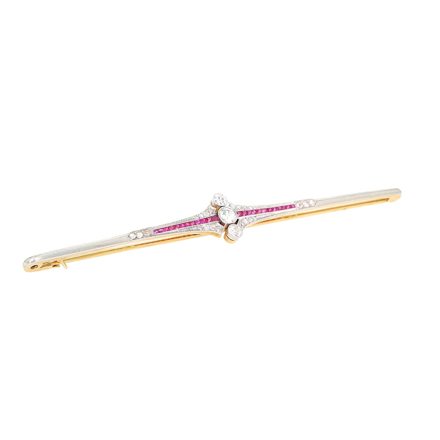 Art Deco bar pin in 750 yellow gold, platinum-plated with diamonds and sapphires, turned horizontally to the right