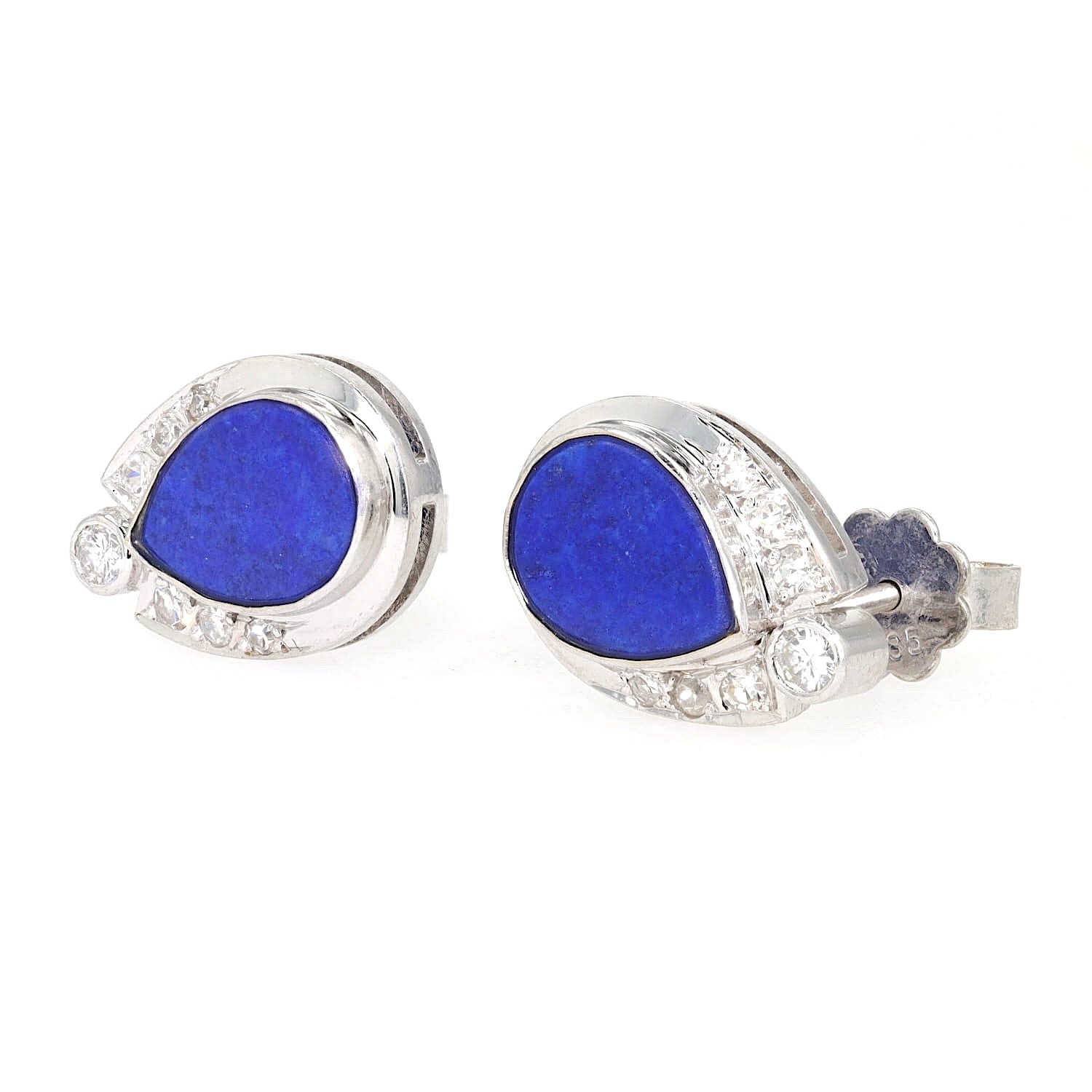 Paar Ohrstecker in 585er Weißgold mit je einem Lapsi lazuli, Brillanten und Diamanten, liegend links gedreht