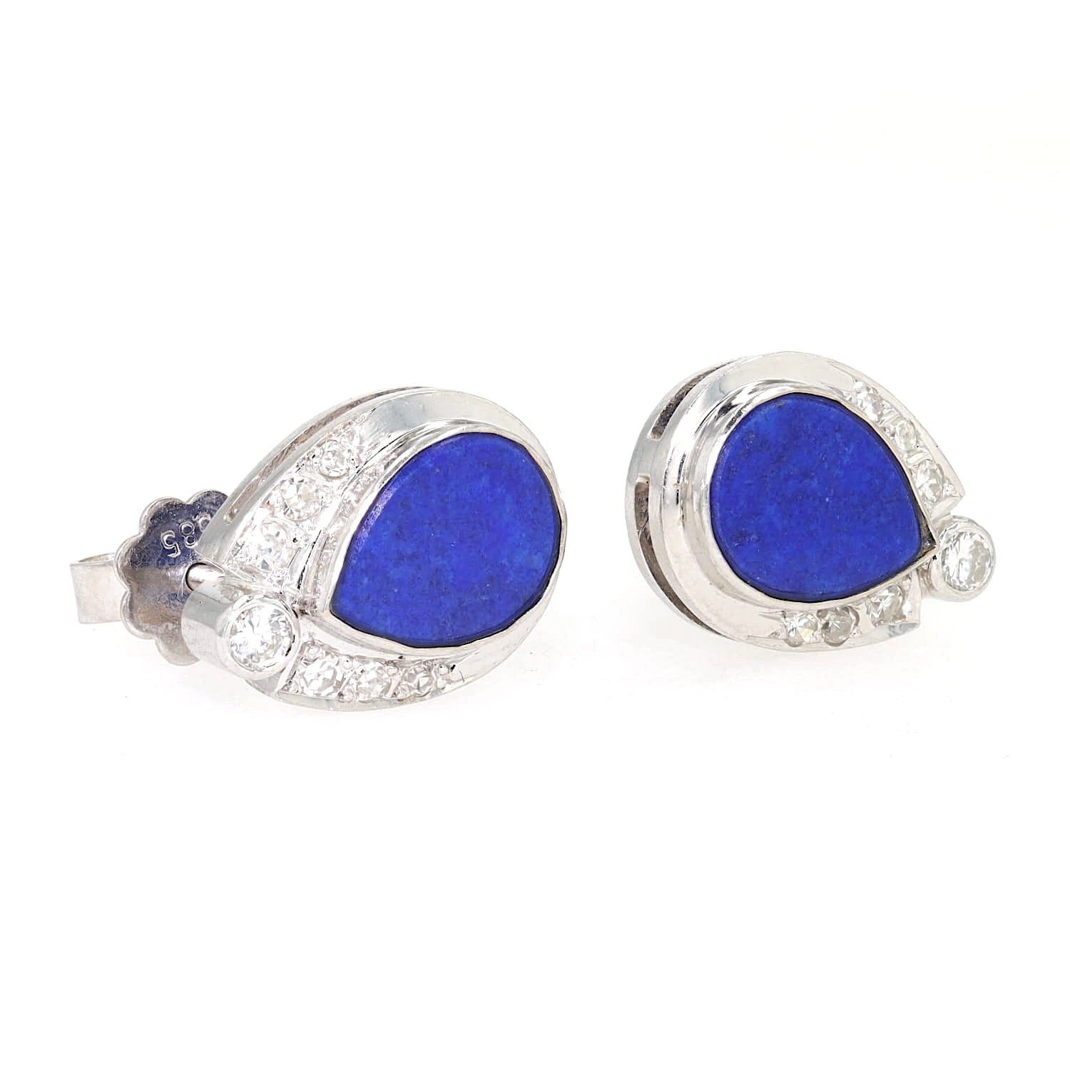 Paar Ohrstecker in 585er Weißgold mit je einem Lapsi lazuli, Brillanten und Diamanten, liegend rechts gedreht