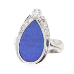 Vintage ring in 585 white gold with a lapis lazuli, brilliants and diamonds, lying frontally