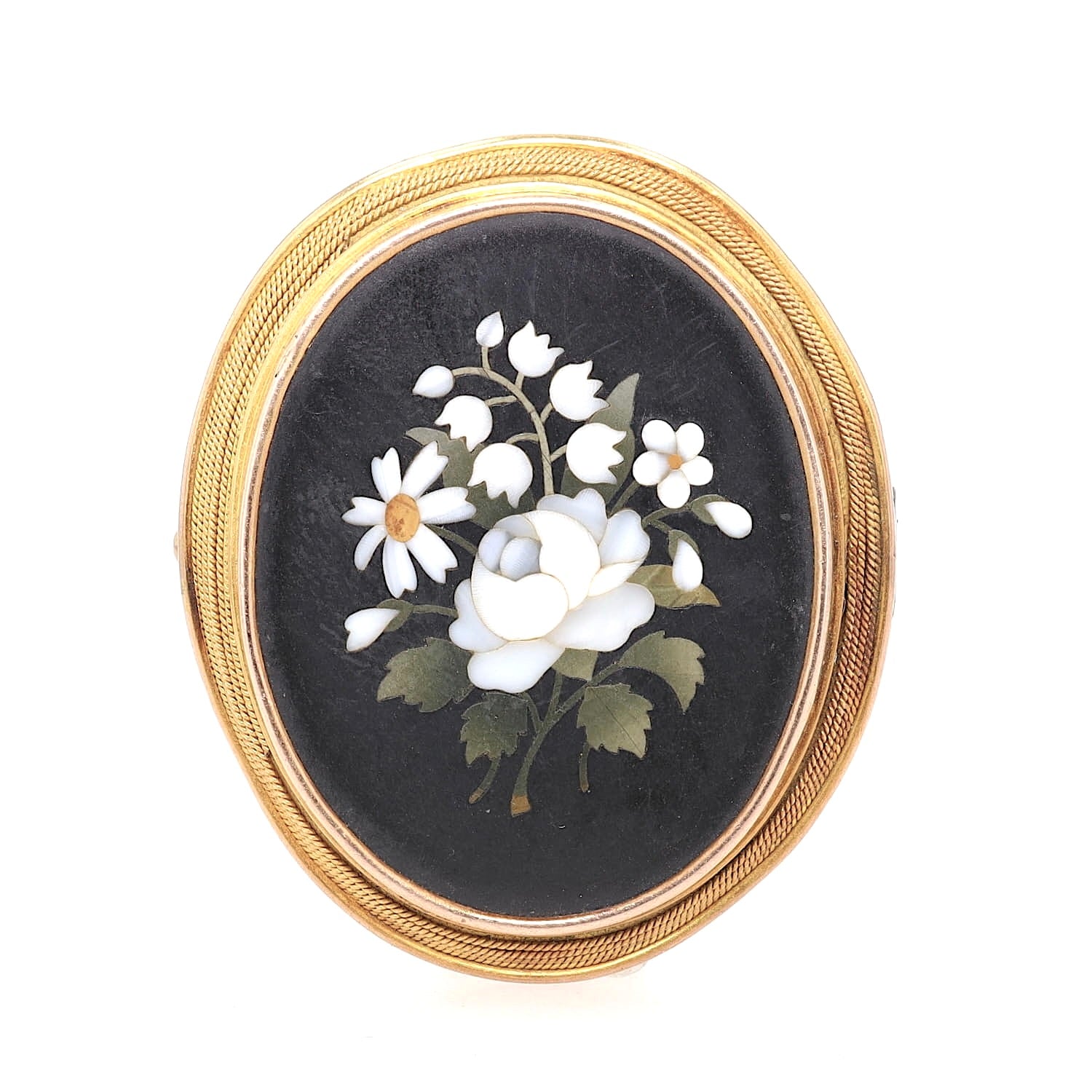 Antique Pietra Durabrooch made of 750 yellow gold with a Florentine mosaic work, standing frontally
