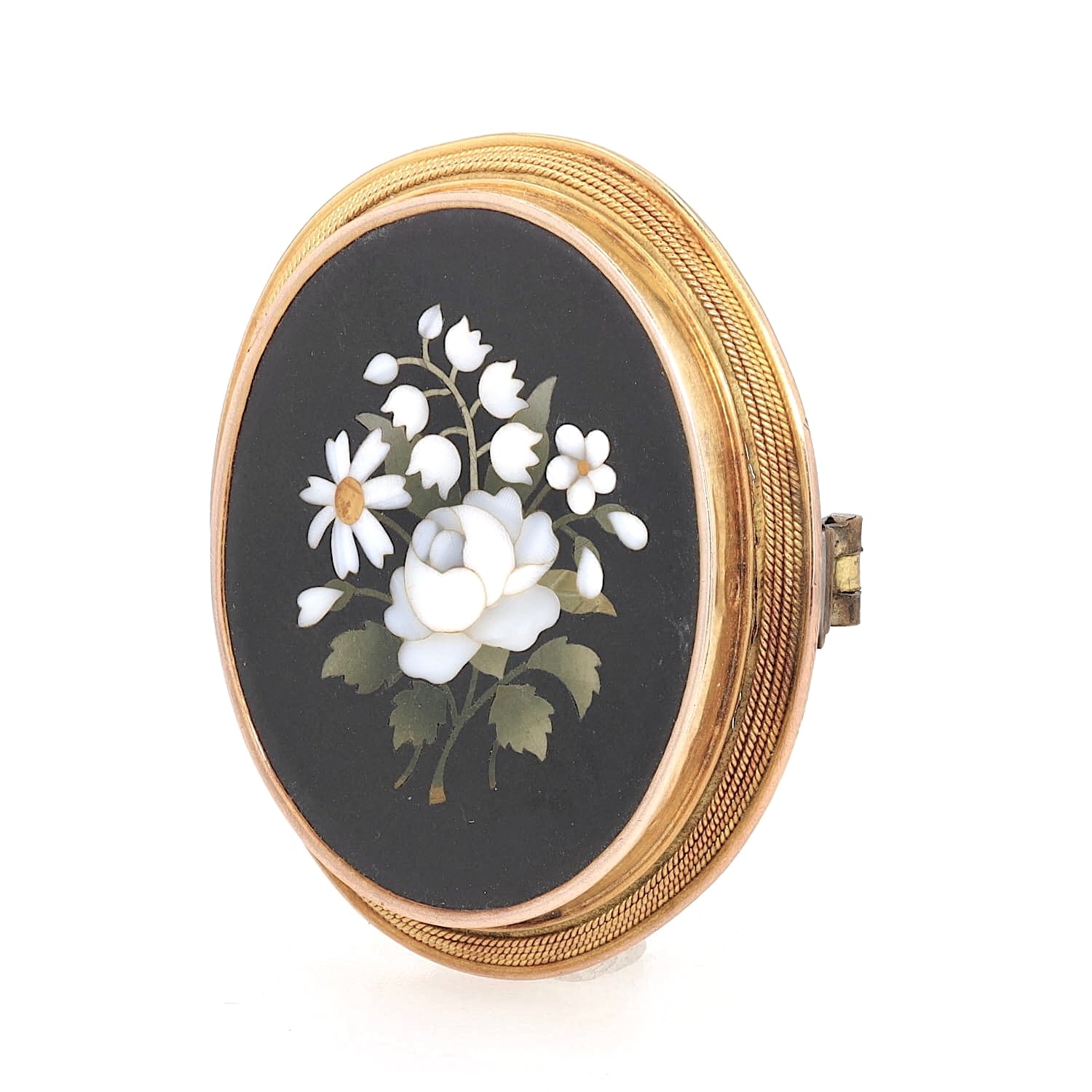 Antique Pietra Durabrooch made of 750 yellow gold with a Florentine mosaic work, turned inverted