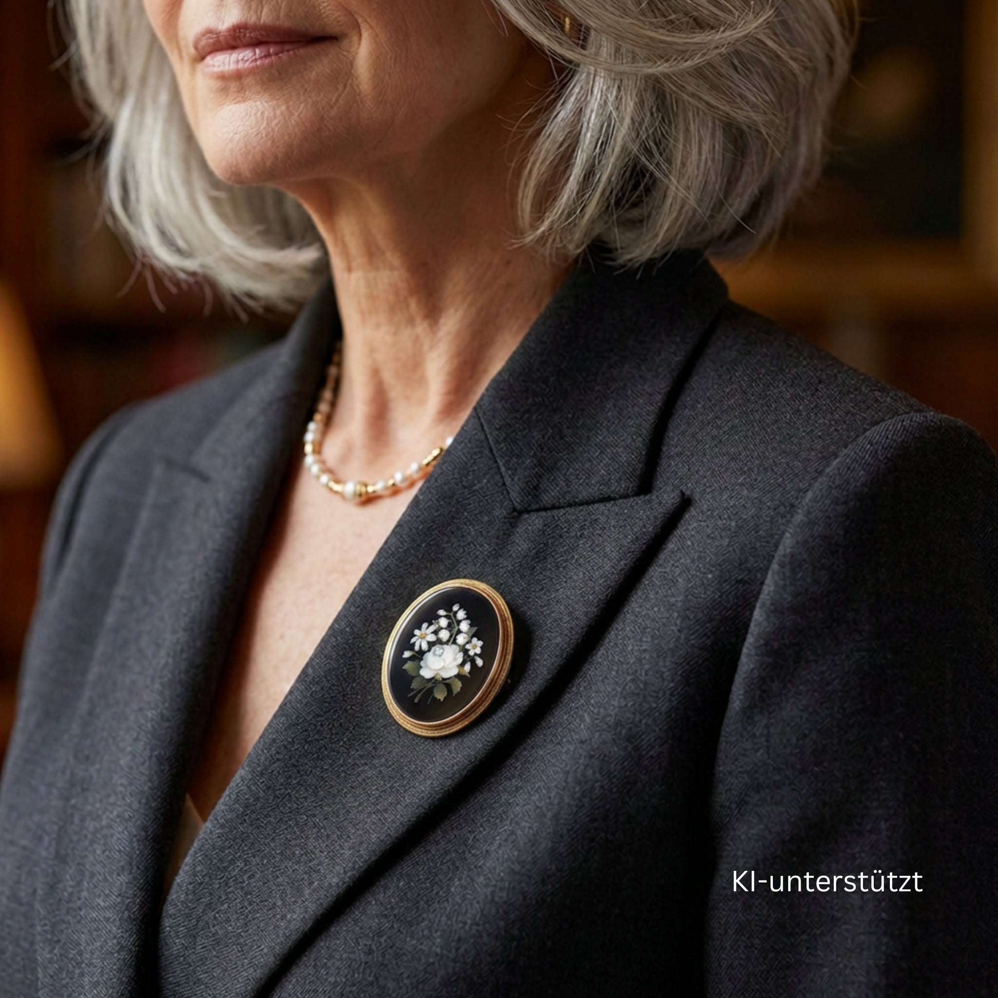 Antique Pietra Durabrooch made of 750 yellow gold with a Florentine mosaic work, on the lapel of an AI-generated woman