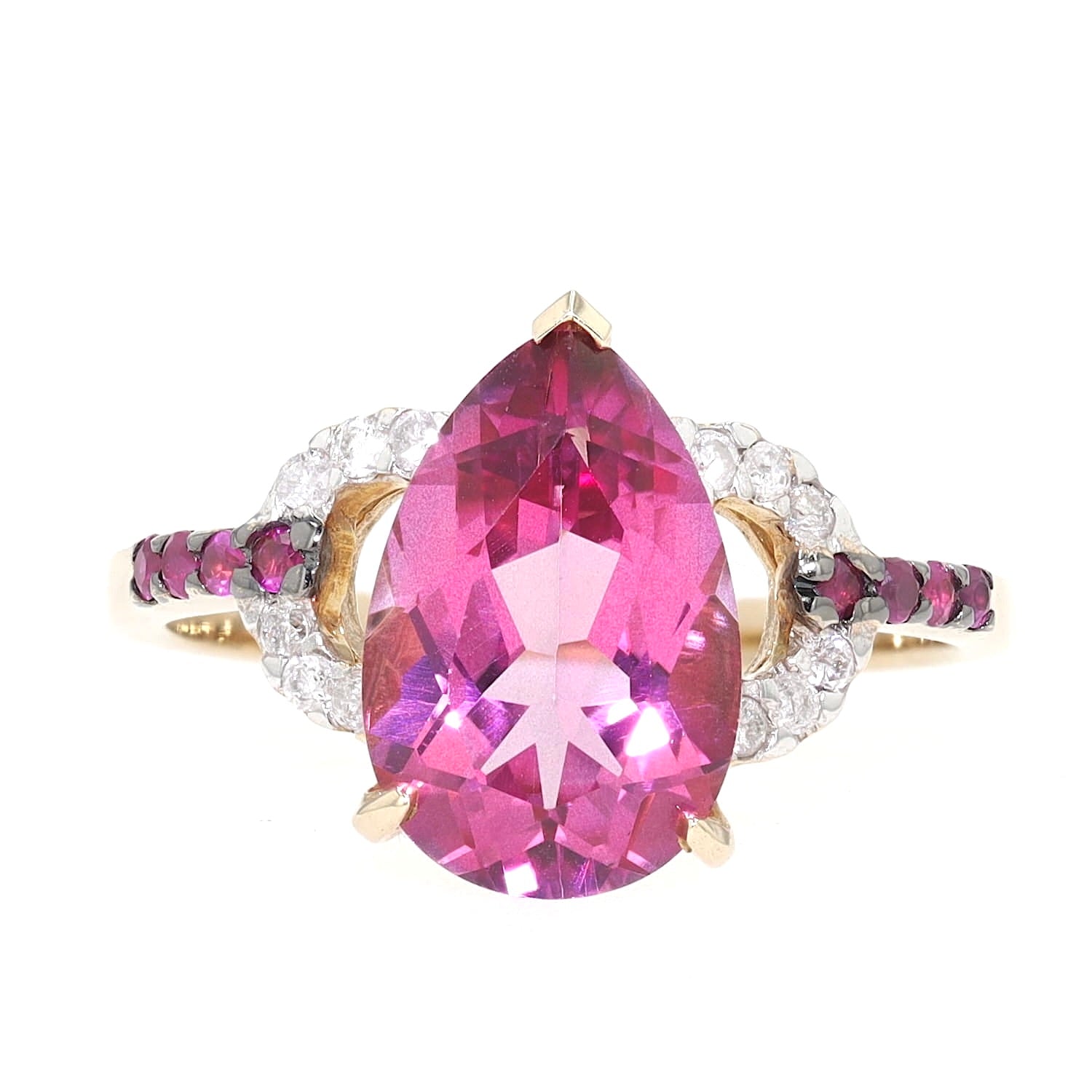 Ring in 375er Gelbgold mit einem pinkfarbenen Topas, Saphiren und Brillanten, liegend frontal