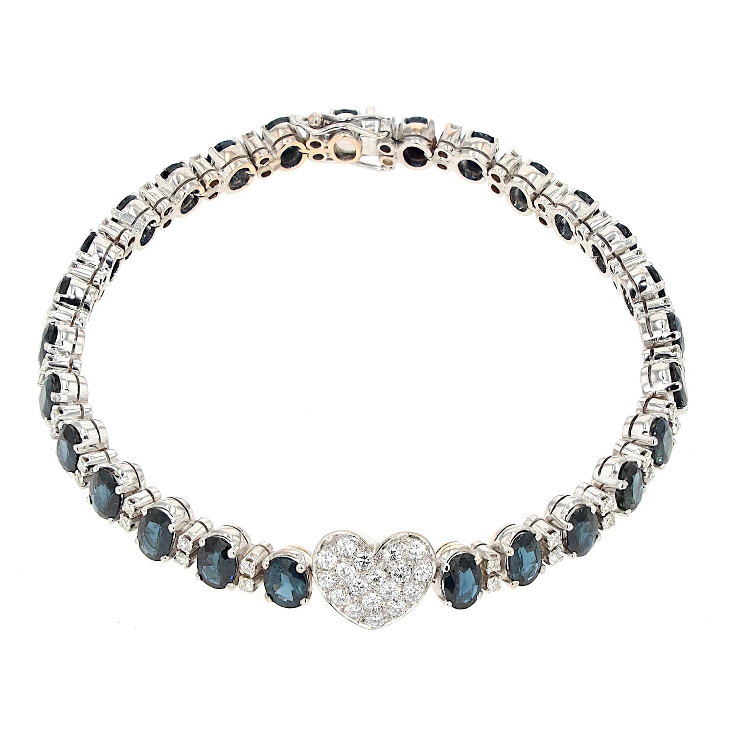 Armband in 750er und 585er Weißgold mit insgesamt ca. 1,3 ct Brillanten und ca. 10,5 ct. blauen Saphiren, liegend geschlossen Draufsicht
