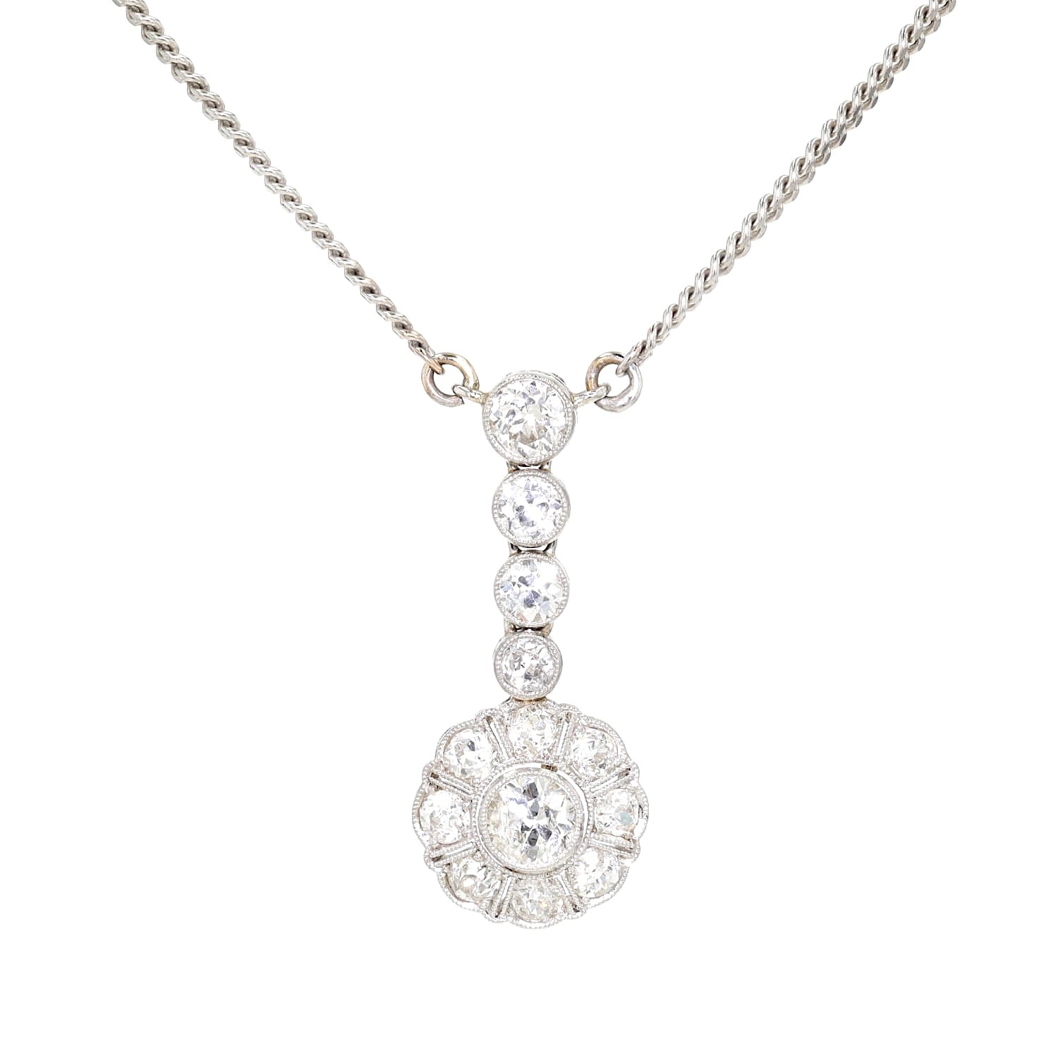 Art Deco und Vintage Collier in 585er Weißgold mit ca.  1,4 ct Diamanten, , hängend frontal