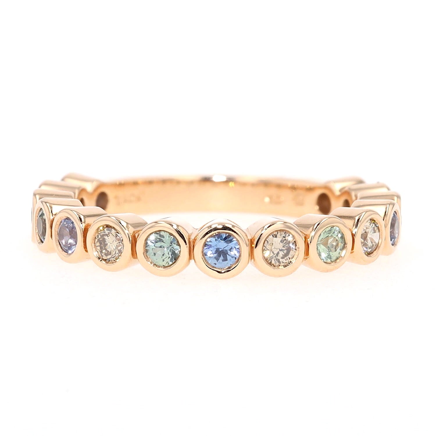 Bron Ring Confetti in 750er Roségold mit bunten Saphiren und Brillanten, liegend frontal