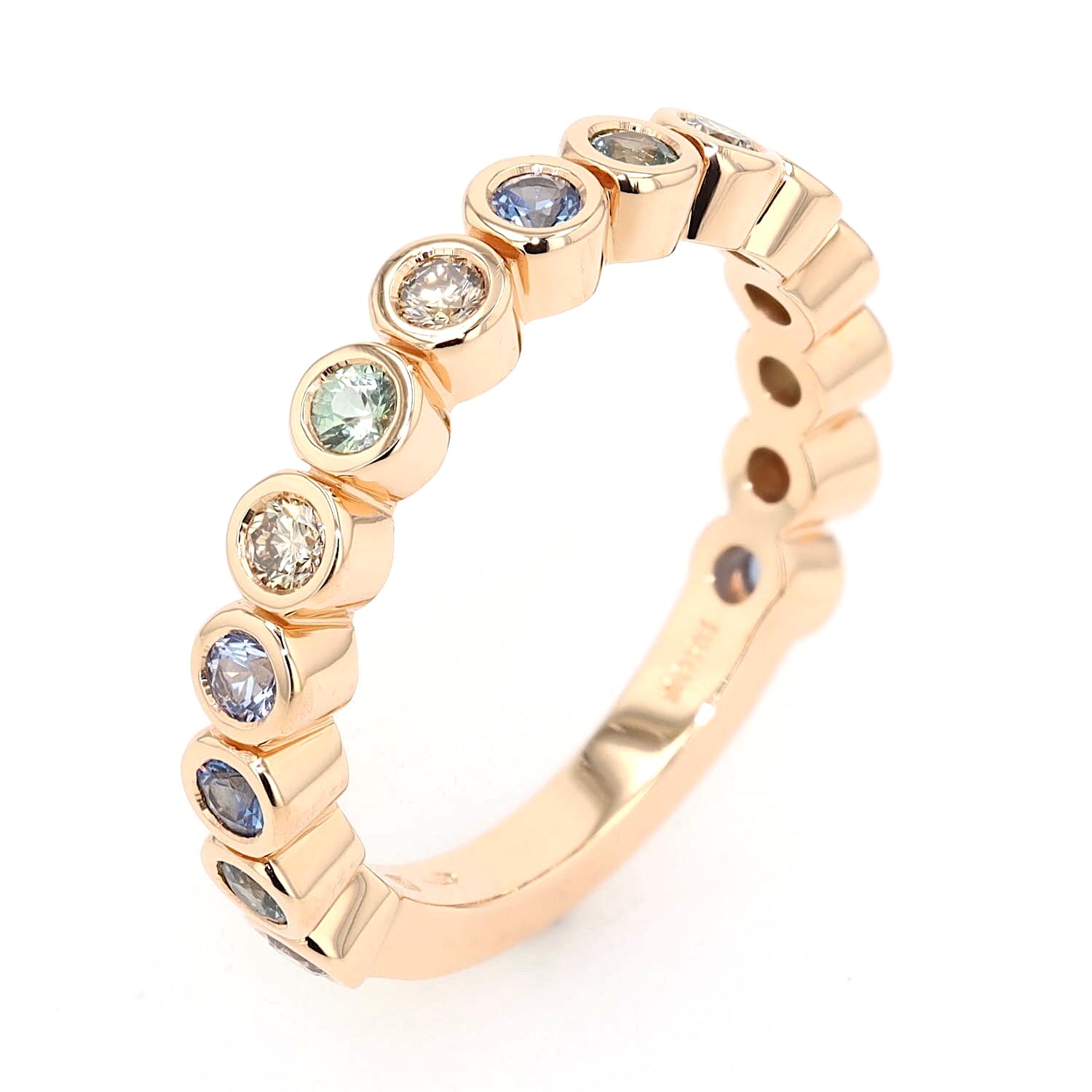 Bron Ring Confetti in 750er Roségold mit bunten Saphiren und Brillanten, liegend rechts gedreht