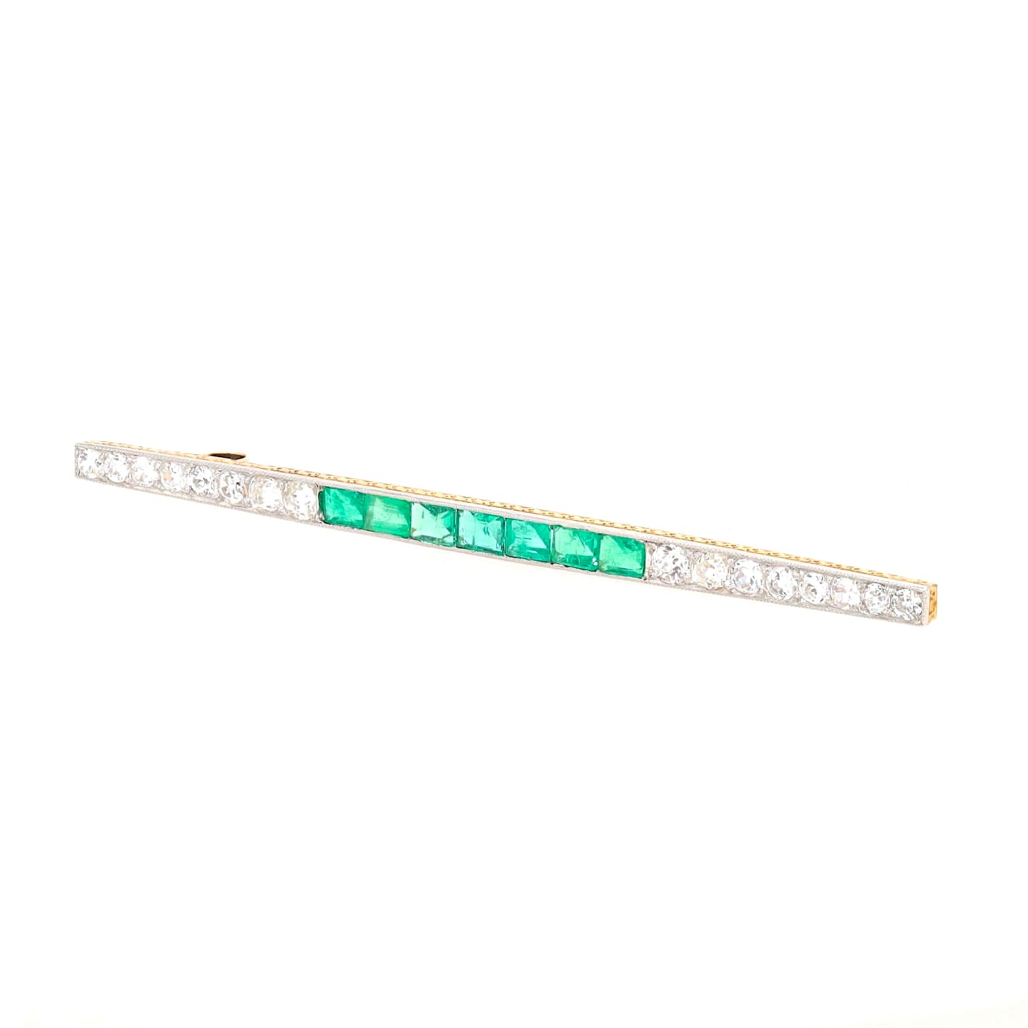 Art Deco Anhänger aus 750er Gelbgold/Platin mit Smaragden und Diamanten, liegend links gedreht