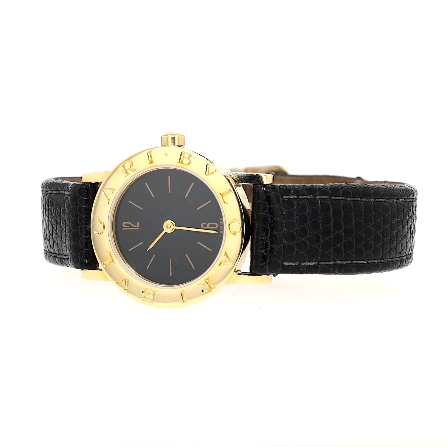 Armbanduhr von Bulgari in 750er Gelbgold mit einem Lederband, liegend geschlossen links gedreht