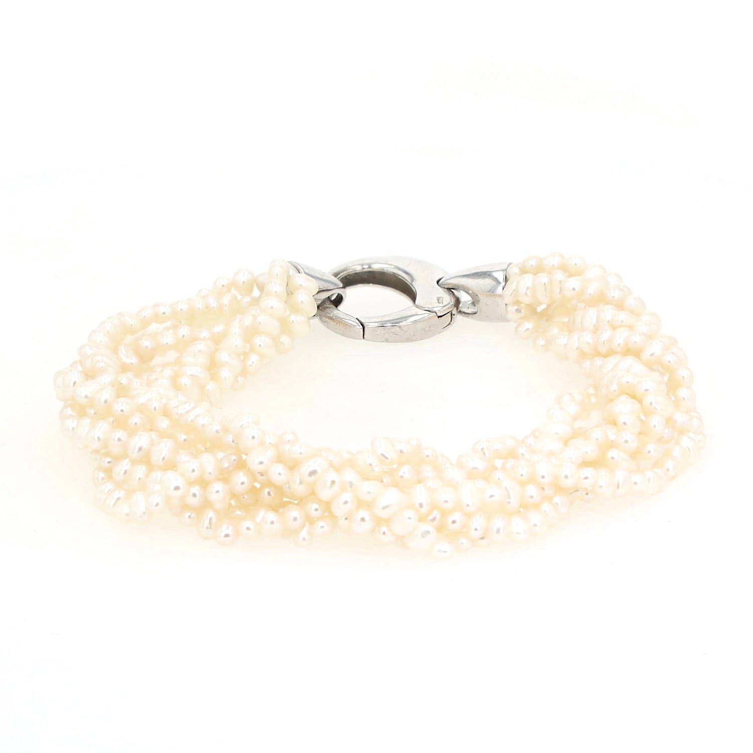 Armband mit 8 in einander gedrehter Reihen Zuchtperlen und einem Schloss aus Silber, liegend Schloss hinten mittig