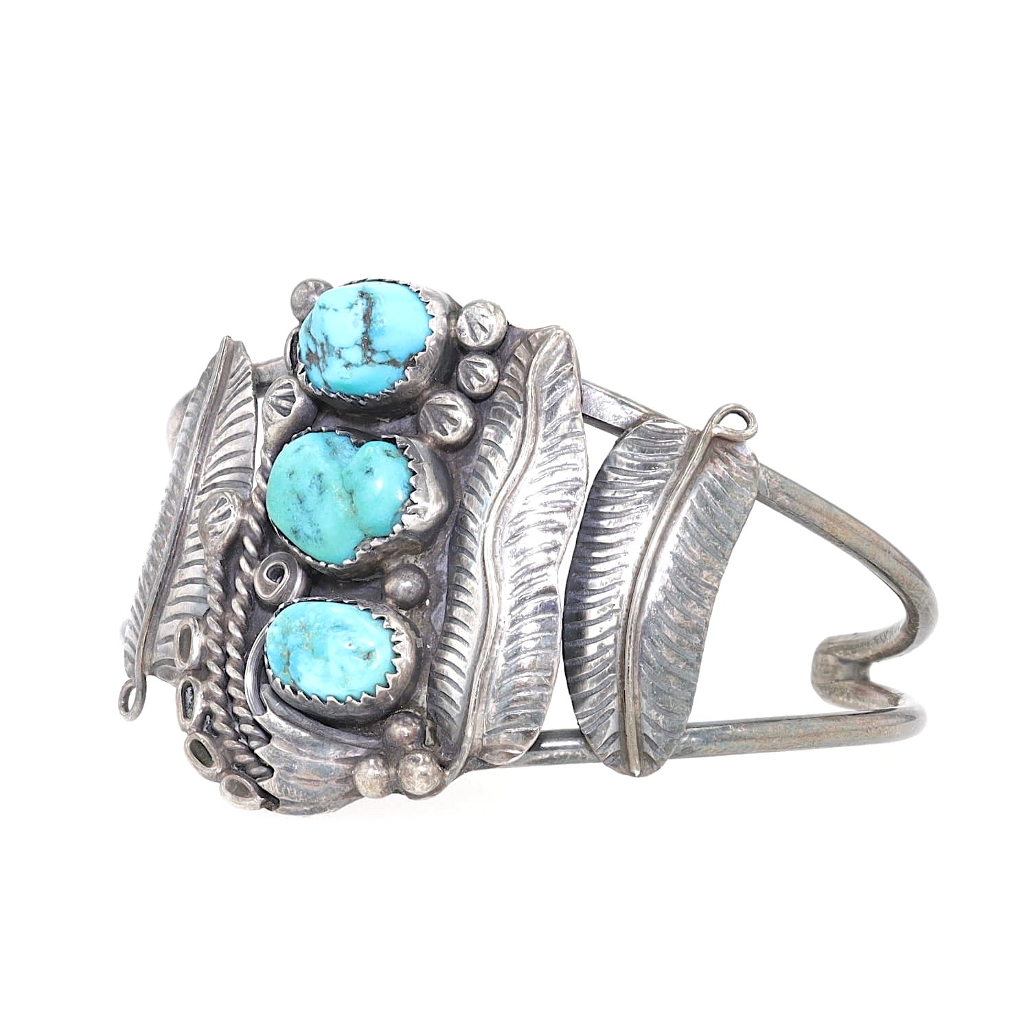 Armspange Indianerschmuck Navajo in 900er Silber mit Türkisen, liegend links gedreht