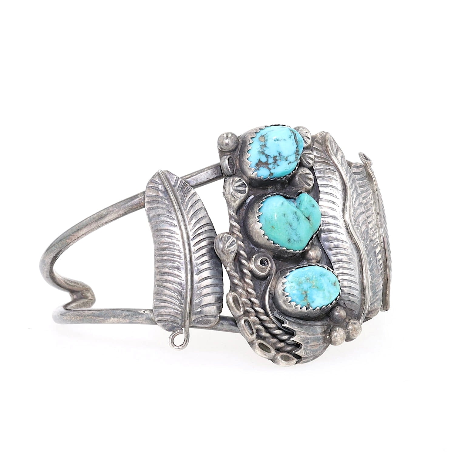 Armspange Indianerschmuck Navajo in 900er Silber mit Türkisen, liegend rechts gedreht