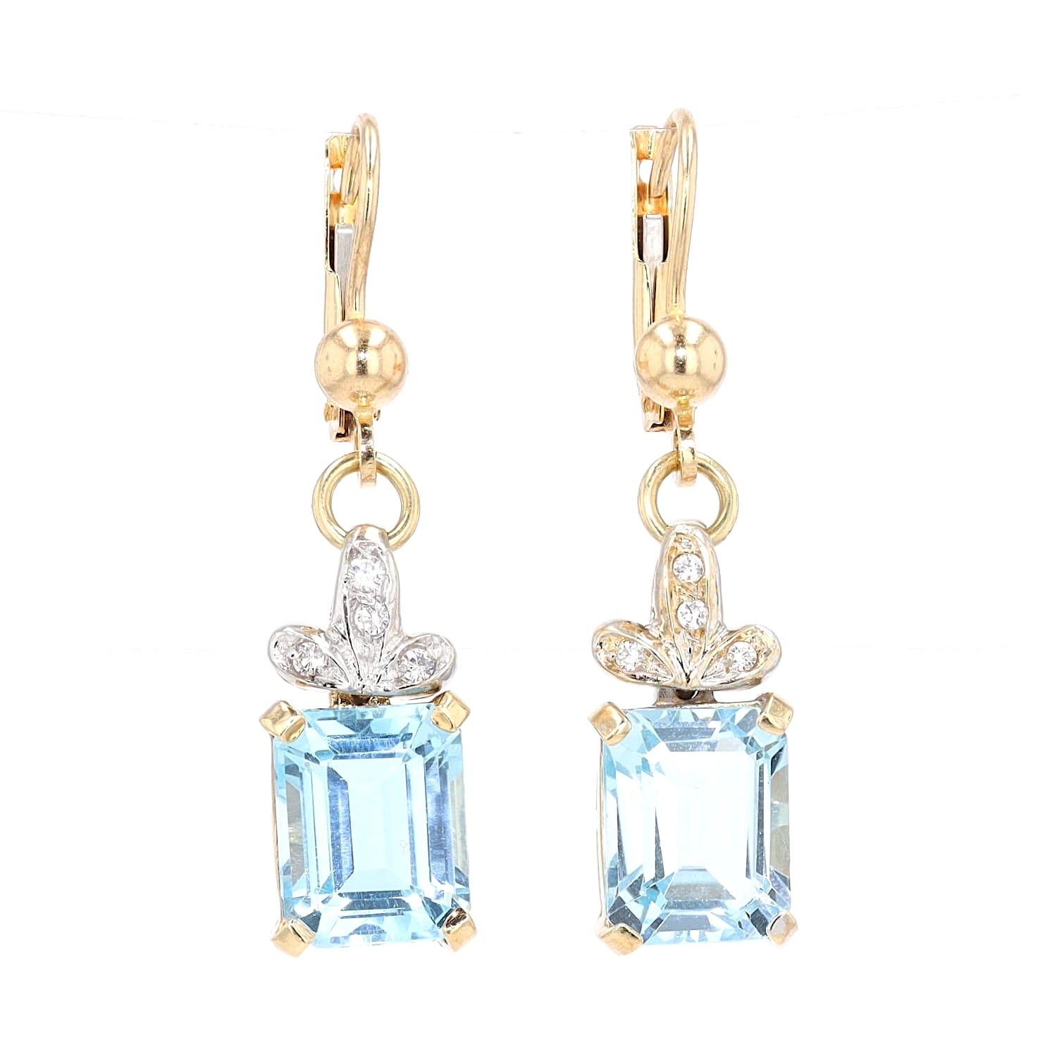 Ohrringe in 585er Gelb- und Weißgold mit blauen Topasen und weißen Cubic Zirkonias , hängend frontal