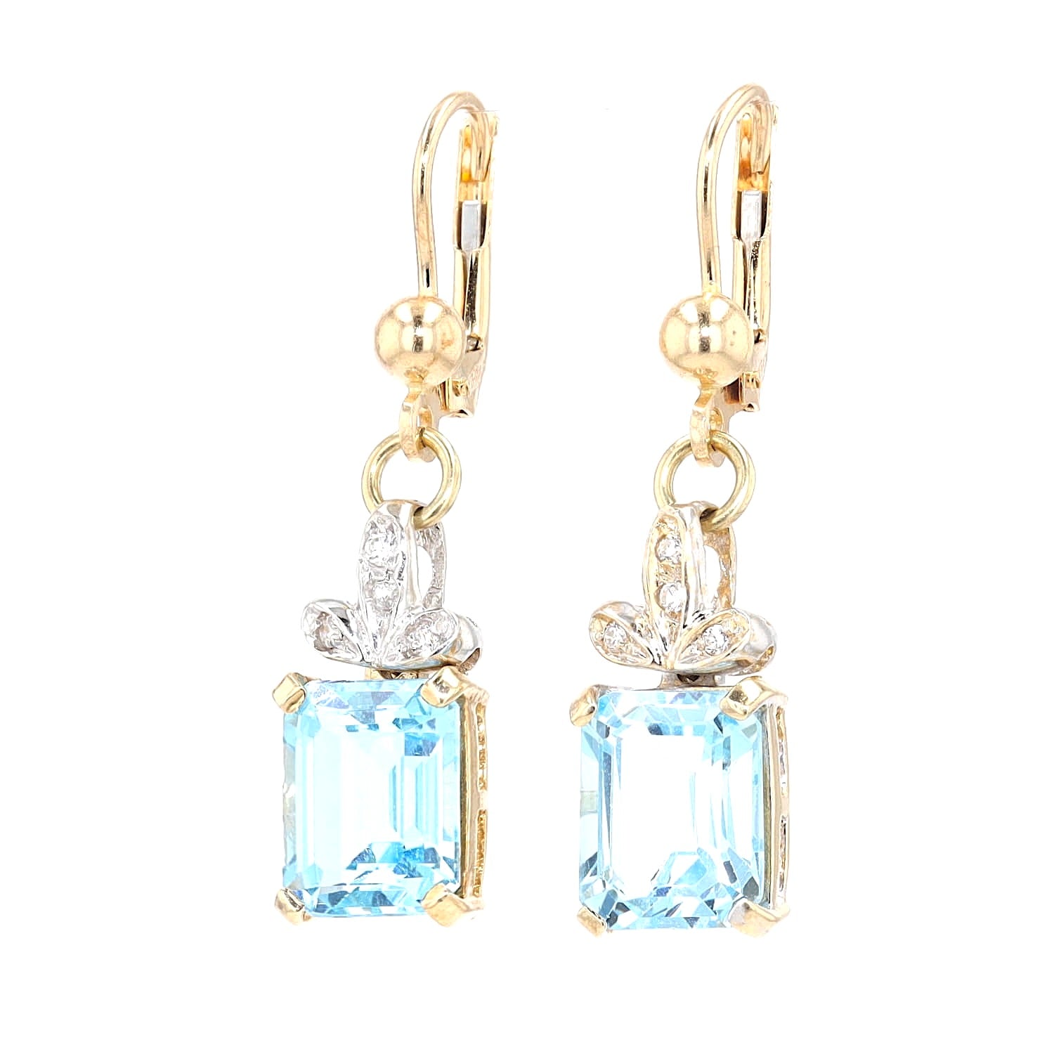 Ohrringe in 585er Gelb- und Weißgold mit blauen Topasen und weißen Cubic Zirkonias , hängend links gedreht