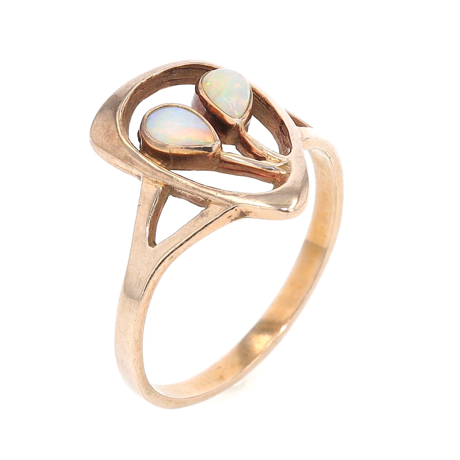Jugendstil Ring in 333er Rotgold mi zwei Opalen, stehend